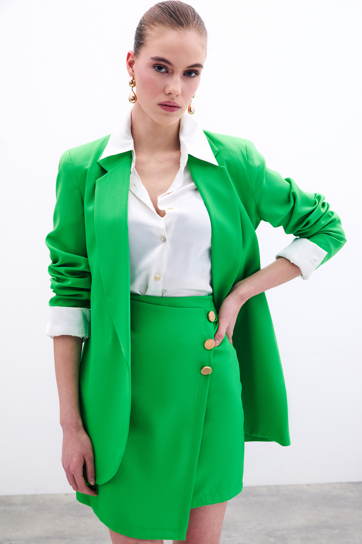 Double Breasted Button Detailed Skirt - Green