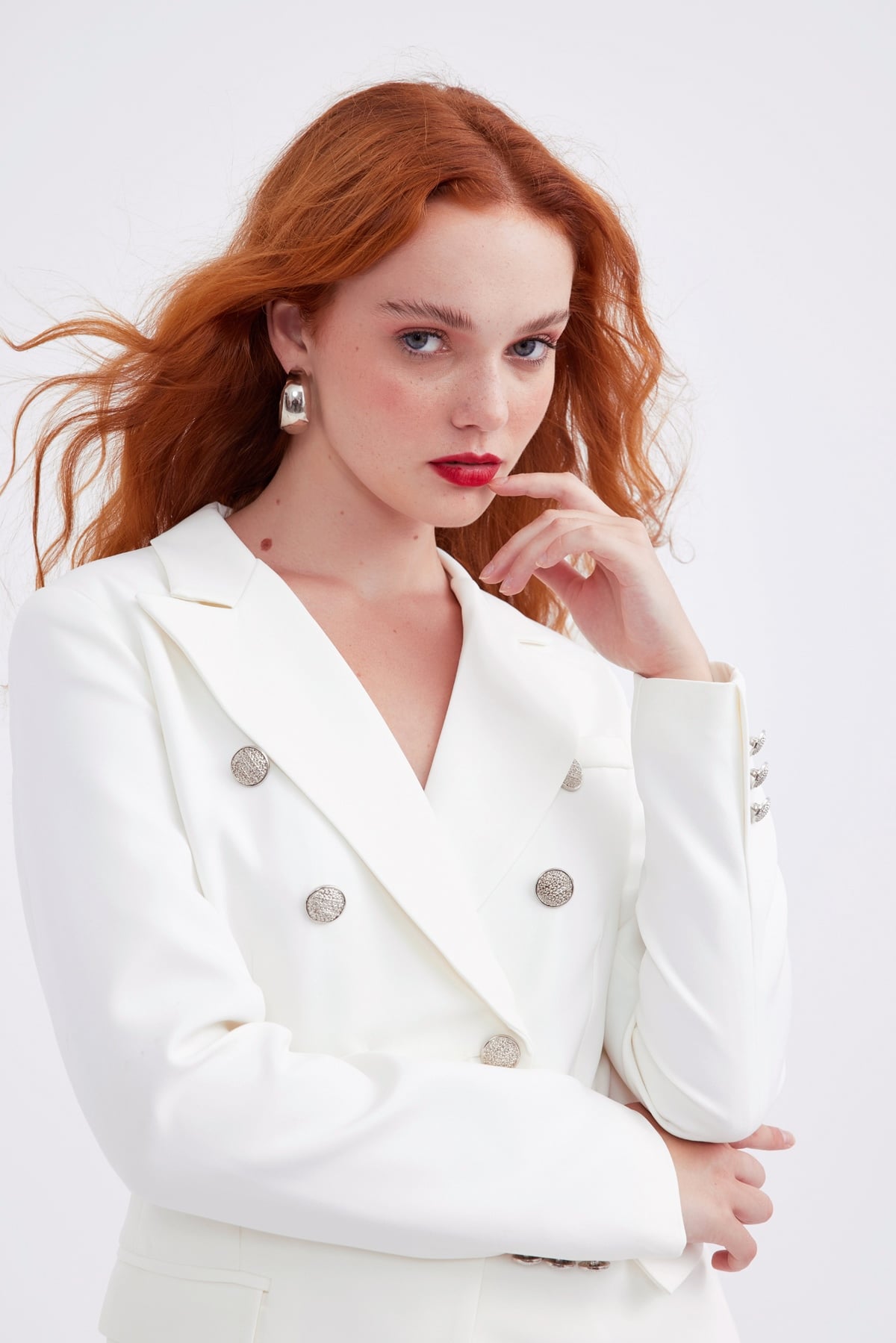 Double-breasted button-up blazer - ECRU