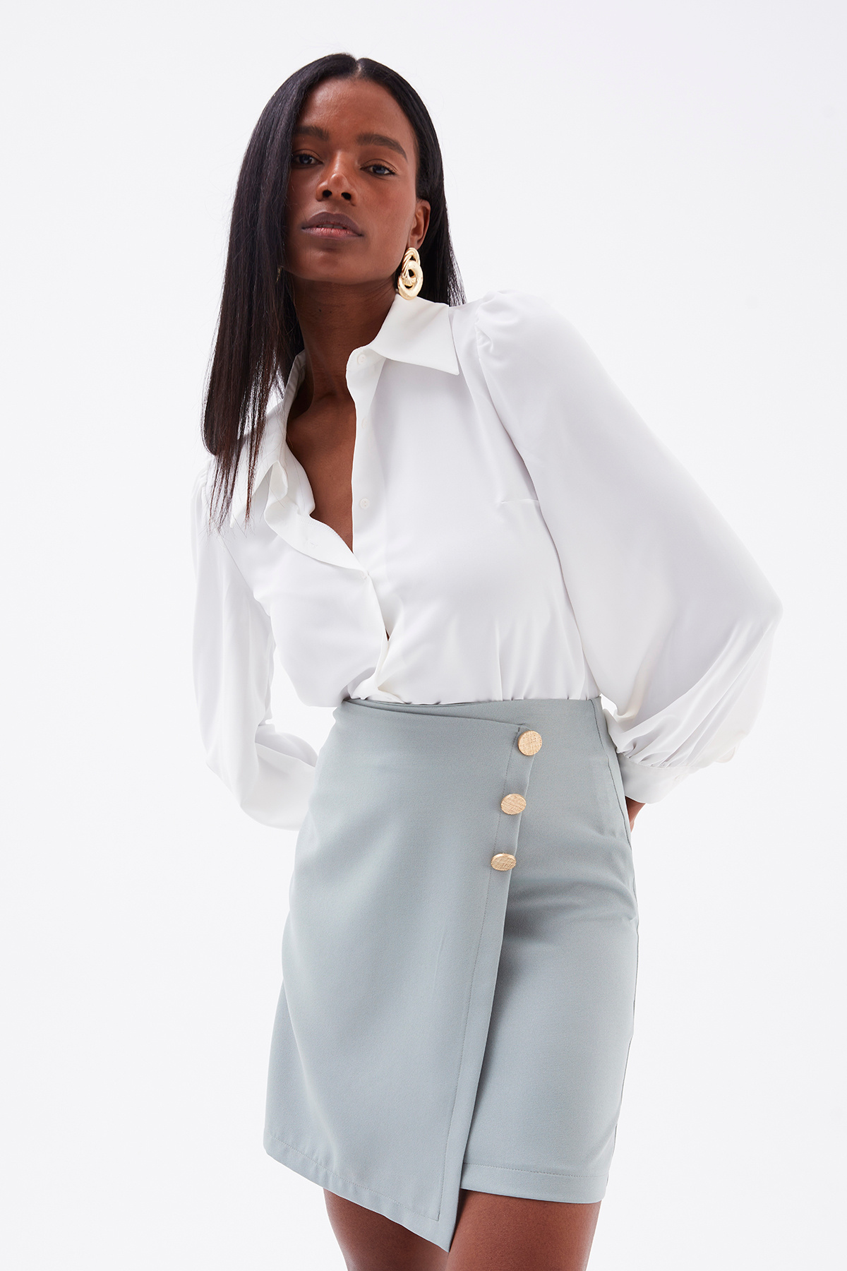 Kruvaze düğmeli mini etek - ÇAĞLA YEŞİLİ