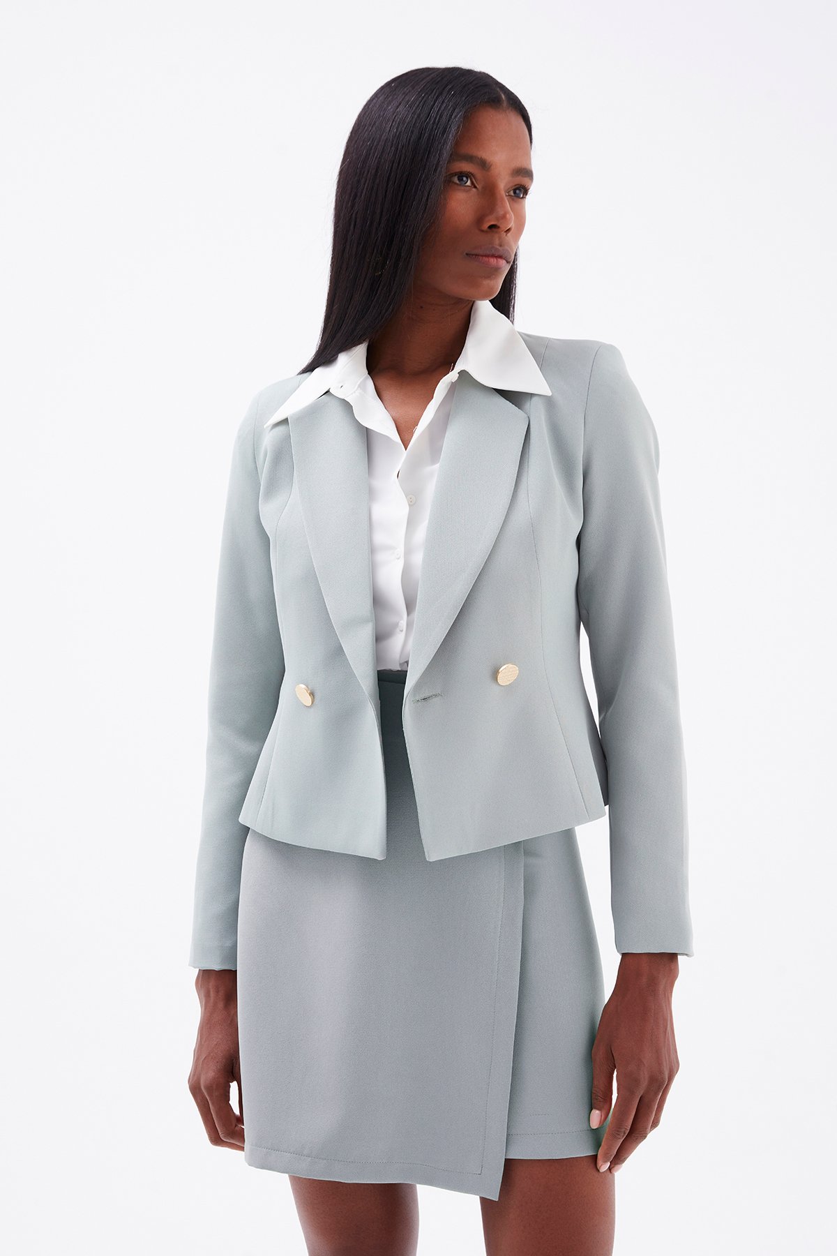 Kruvaze düğmeli mini etek - ÇAĞLA YEŞİLİ