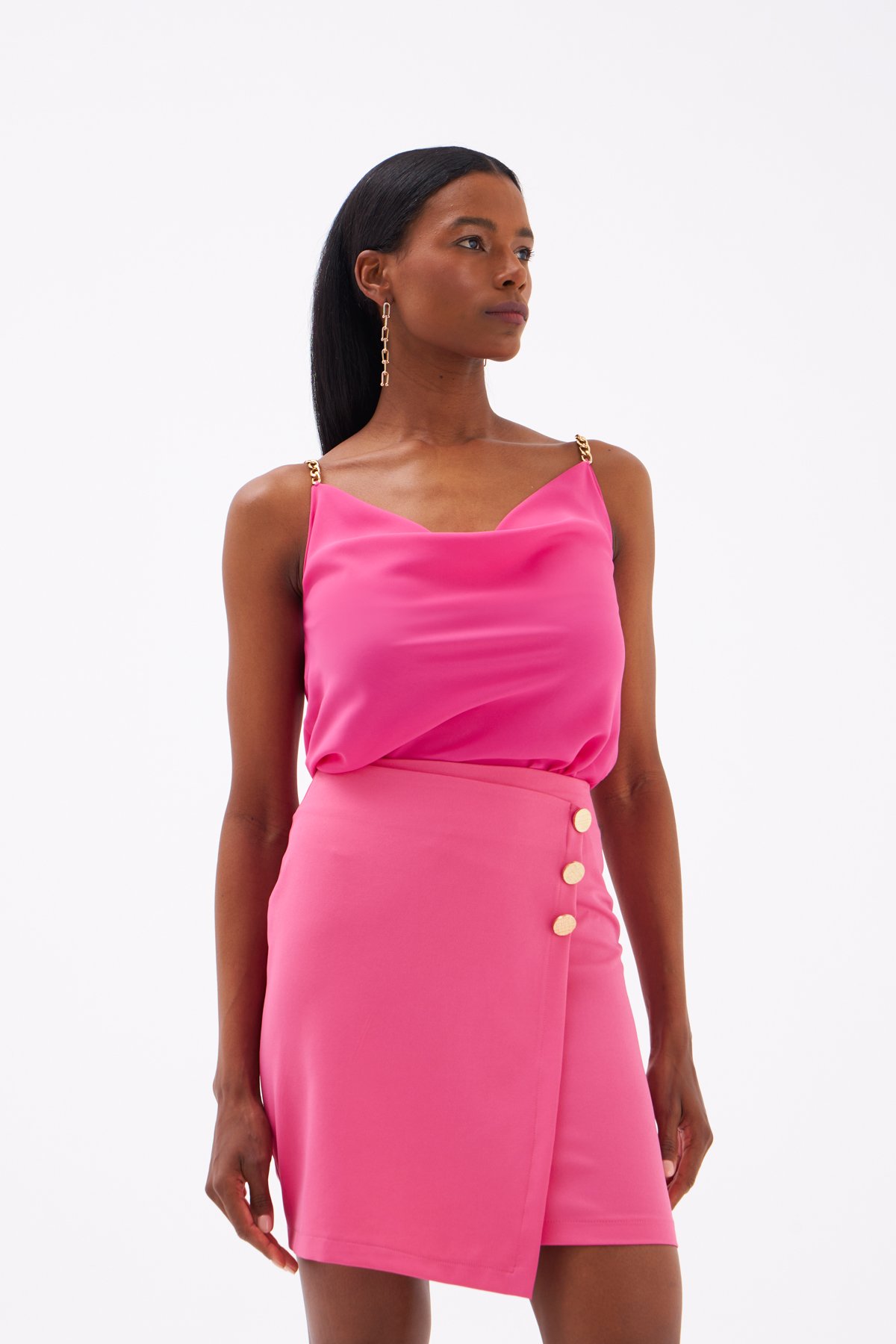 Kruvaze düğmeli mini etek - FUŞYA