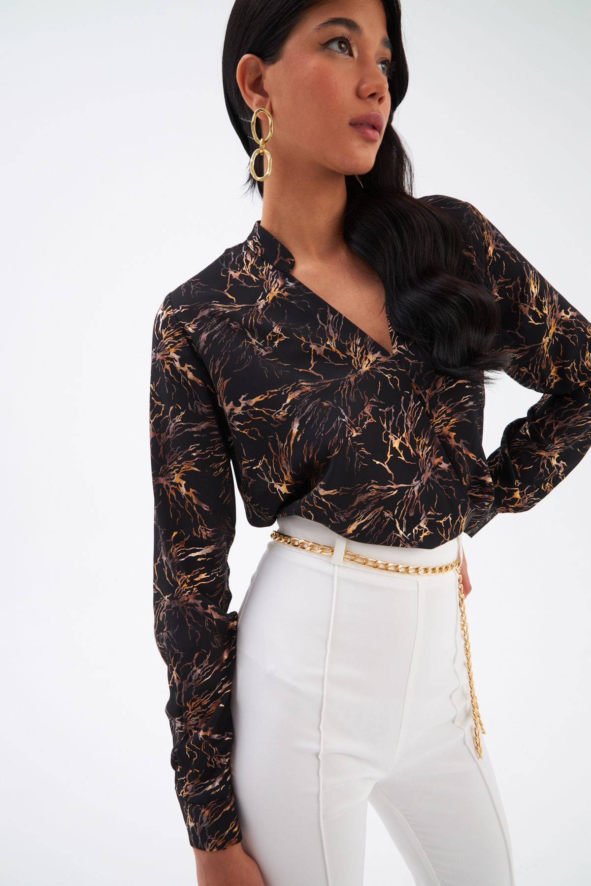 Double Breasted Printed Blouse - WHITEWASHED BLACK