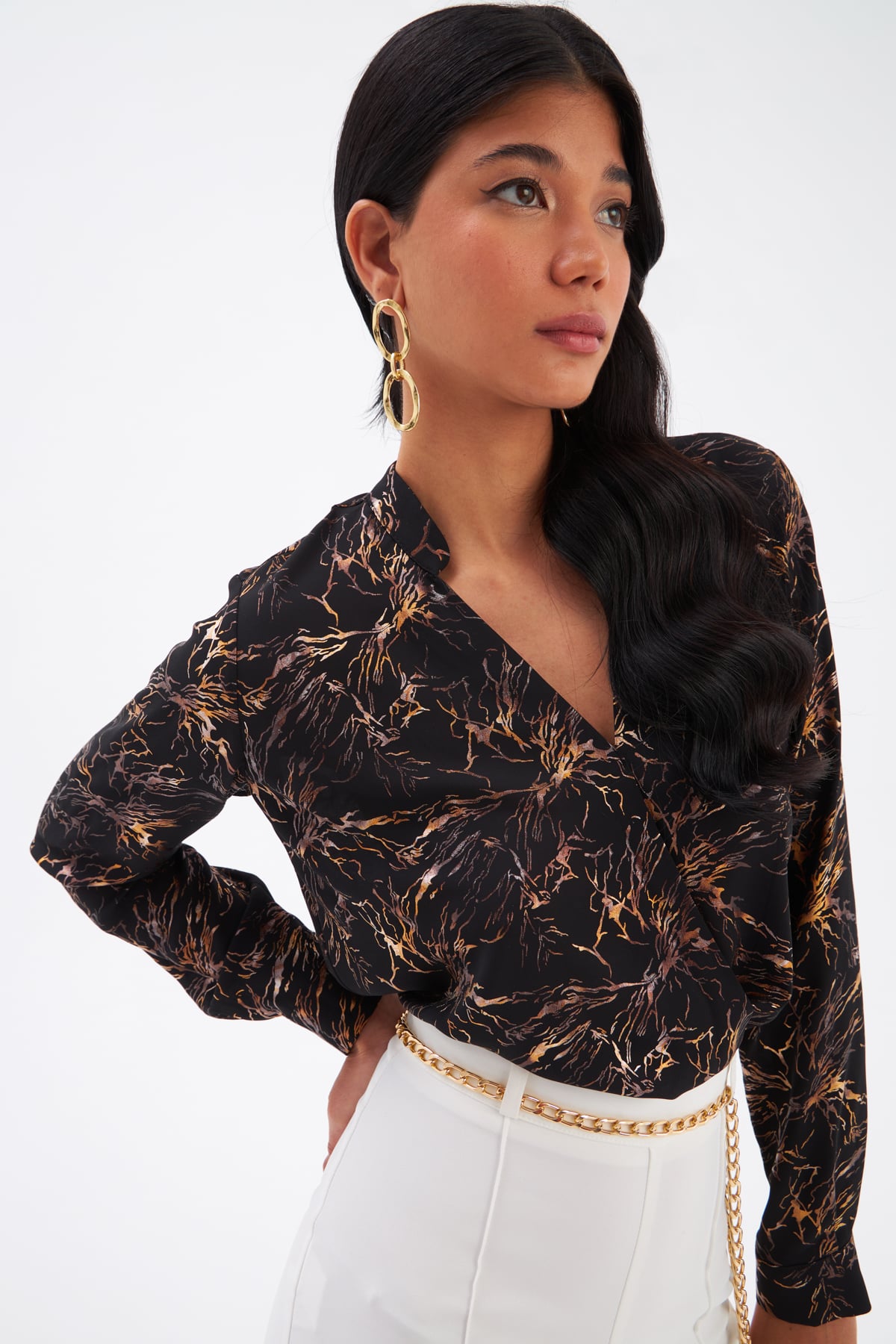Double Breasted Printed Blouse - WHITEWASHED BLACK