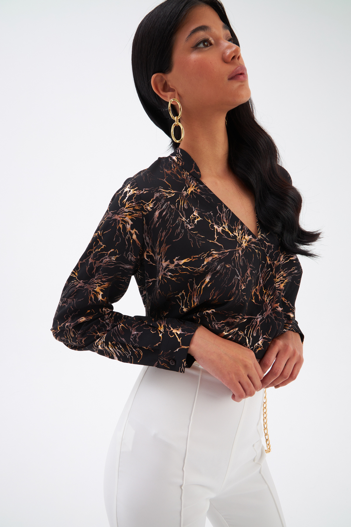 Double Breasted Printed Blouse - WHITEWASHED BLACK