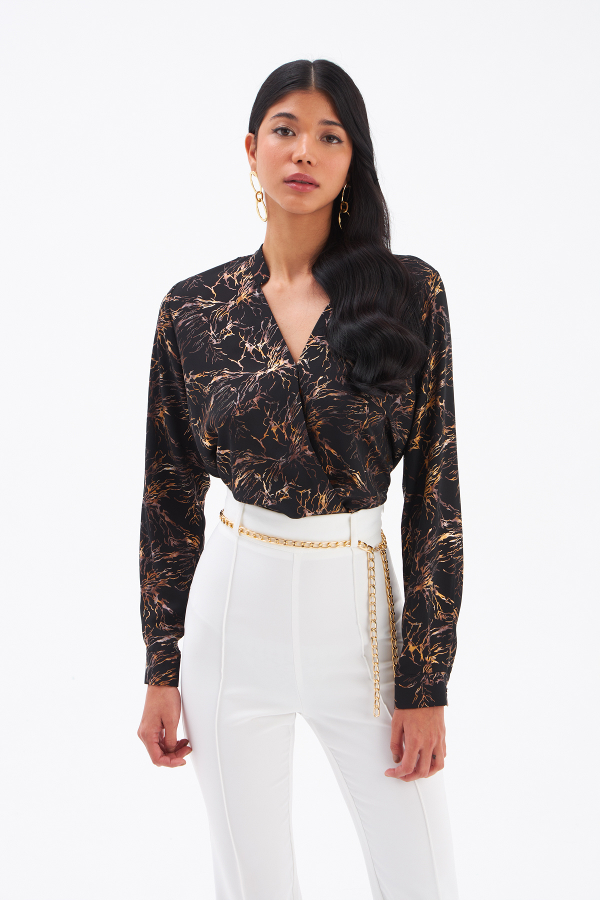 Double Breasted Printed Blouse - WHITEWASHED BLACK