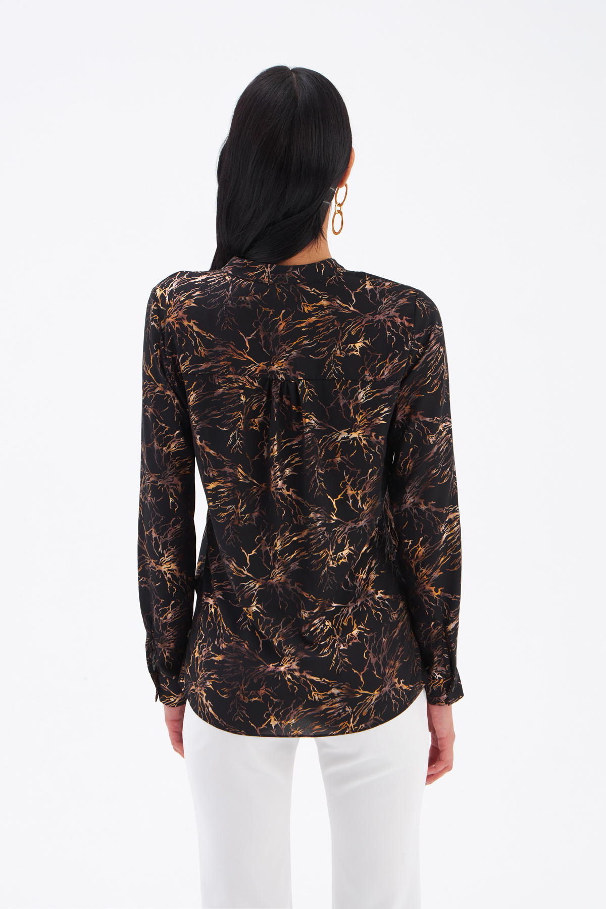 Double Breasted Printed Blouse - WHITEWASHED BLACK