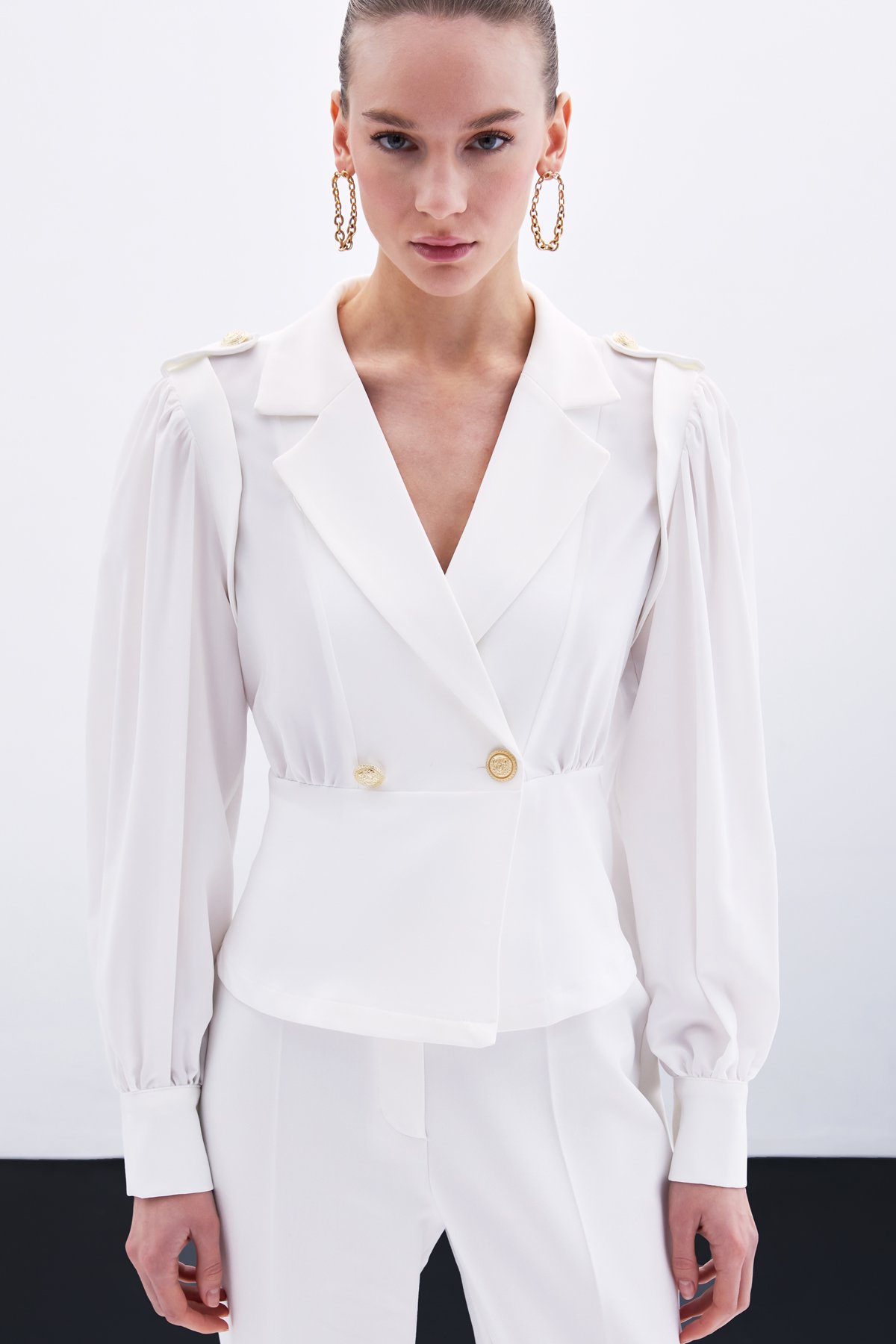 Kruvaze Kısa Ceket - Ekru