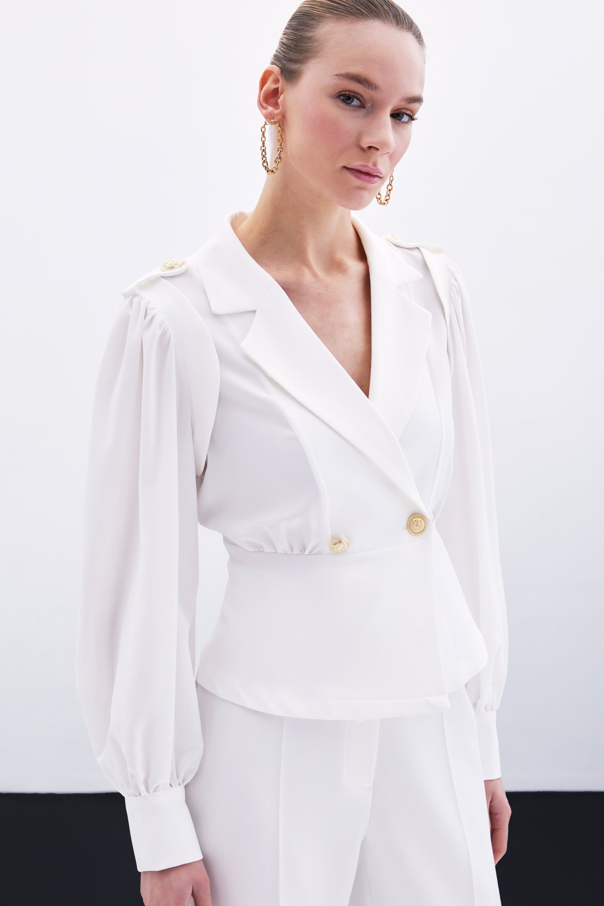 Kruvaze Kısa Ceket - Ekru