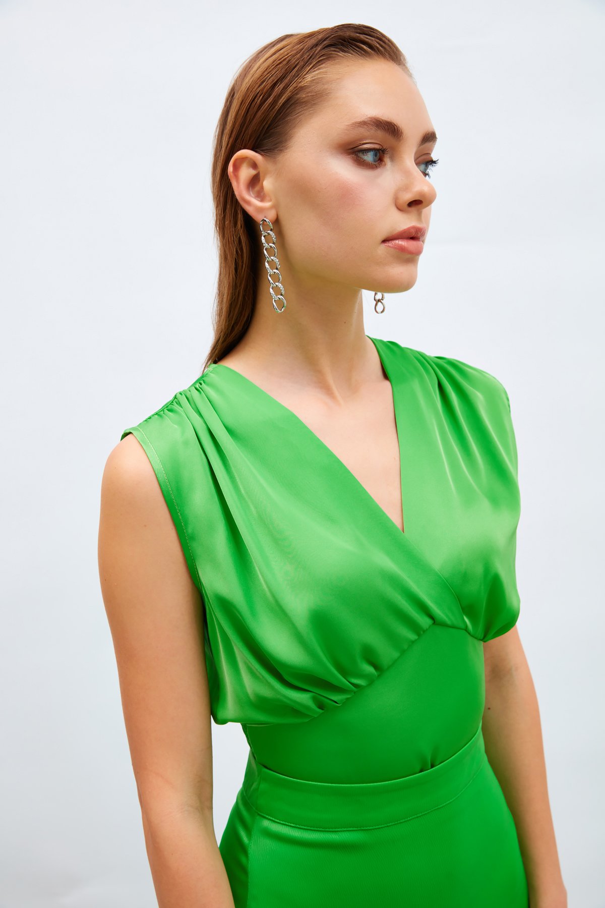 Kruvaze Kısa Saten Bluz - AÇIK YEŞİL