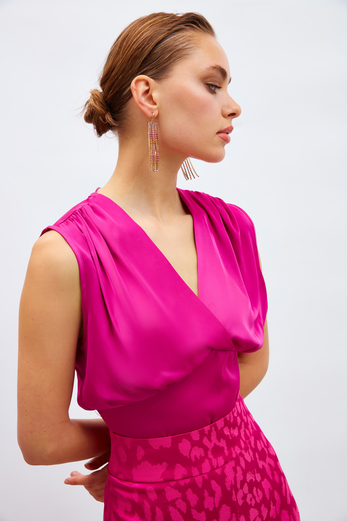 Kruvaze Kısa Saten Bluz - FUŞYA