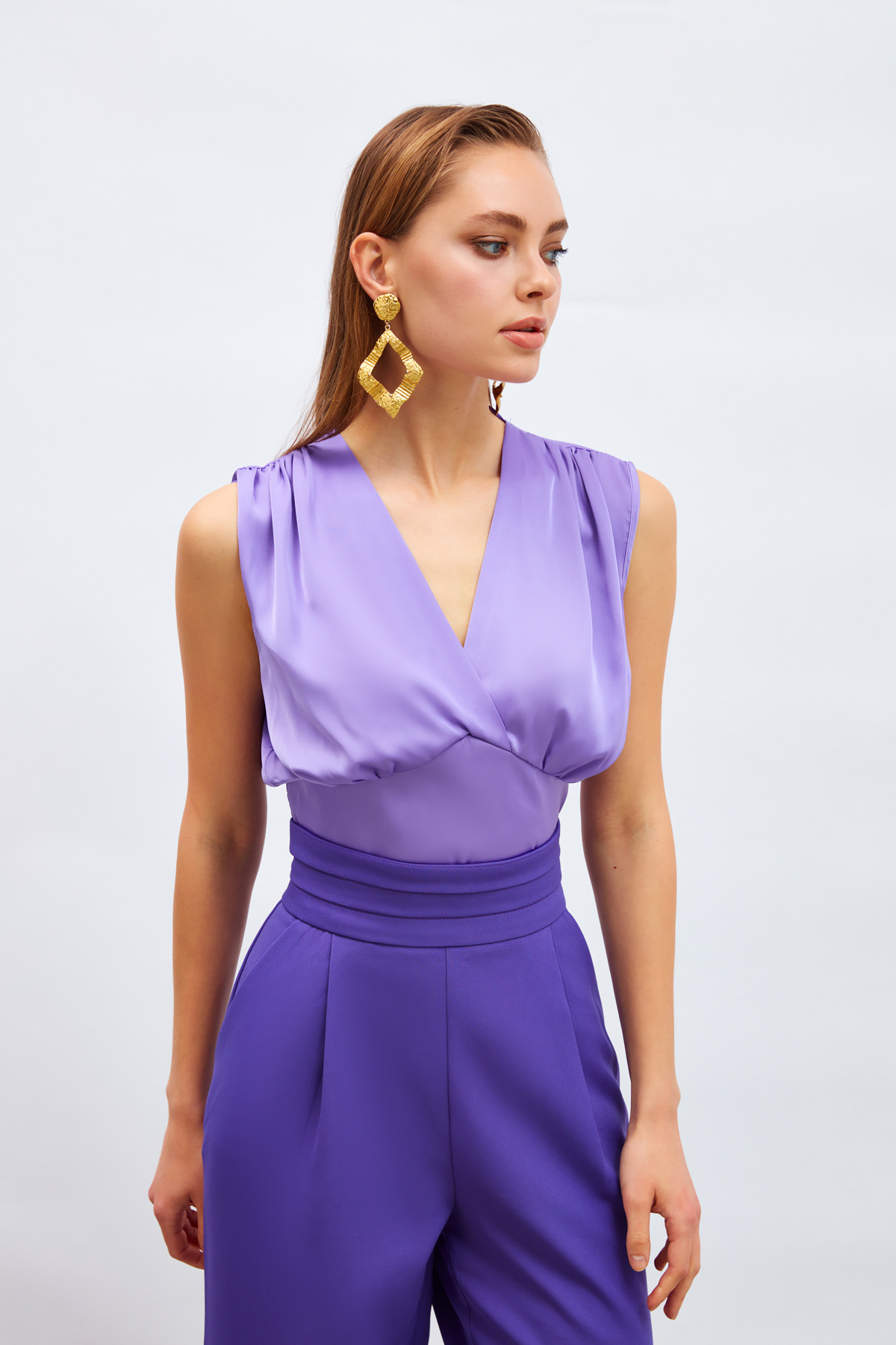 Kruvaze Kısa Saten Bluz - LİLA