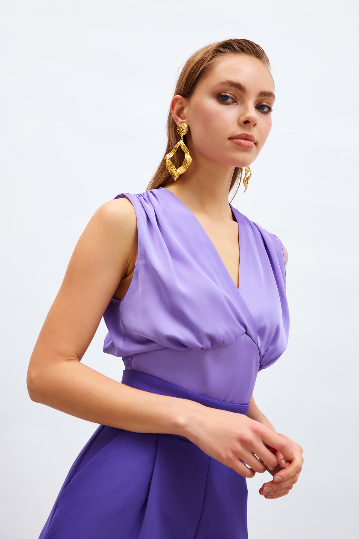 Kruvaze Kısa Saten Bluz - LİLA