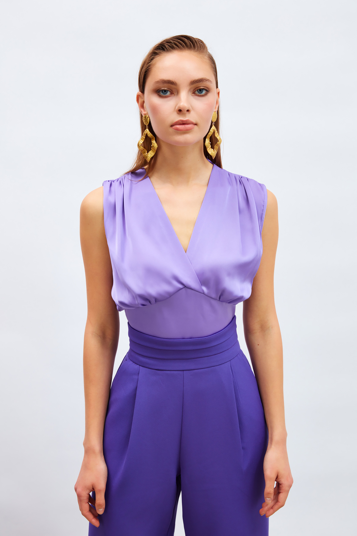 Kruvaze Kısa Saten Bluz - LİLA