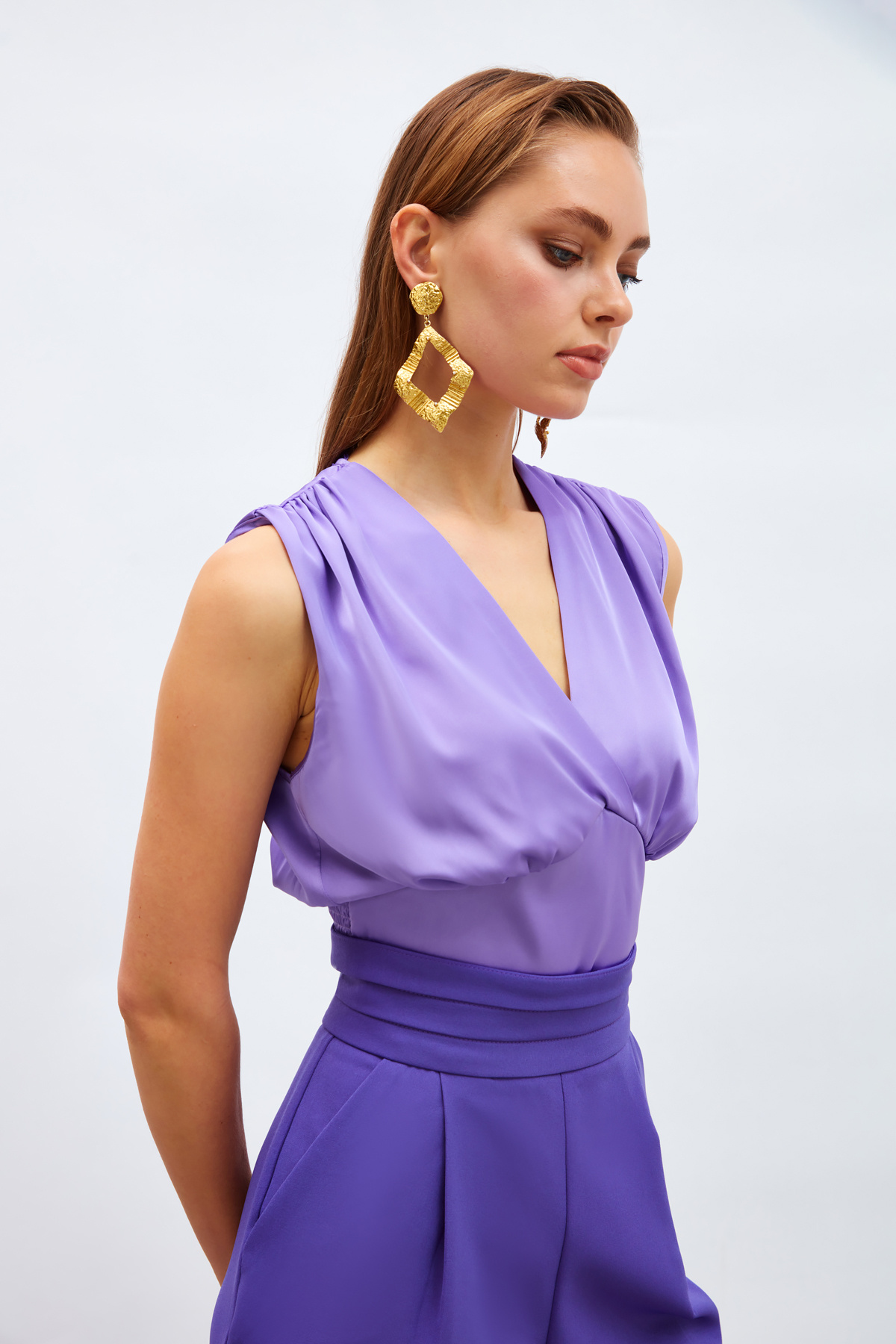 Kruvaze Kısa Saten Bluz - LİLA