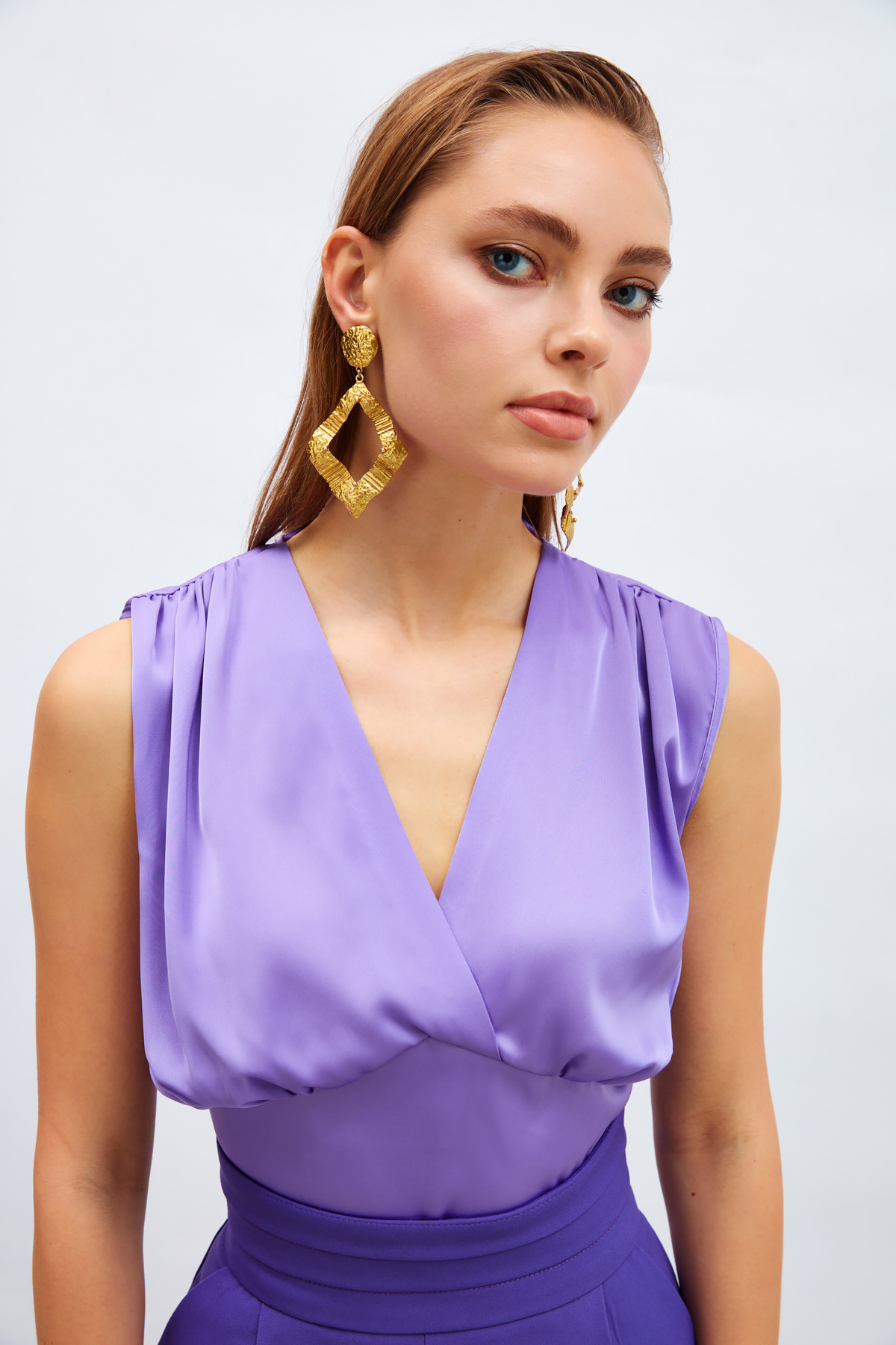 Kruvaze Kısa Saten Bluz - LİLA