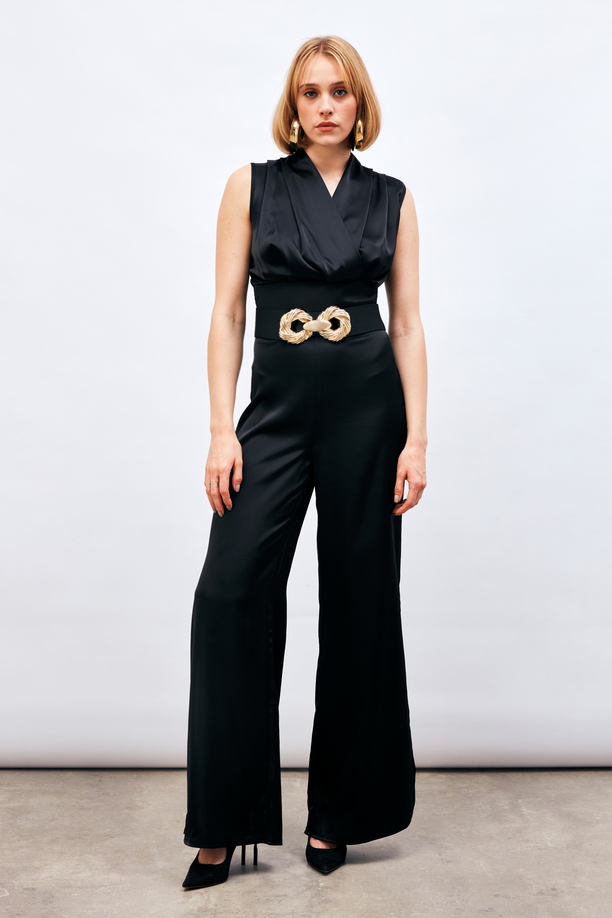 Kruvaze Kolsuz Saten Bluz - SİYAH