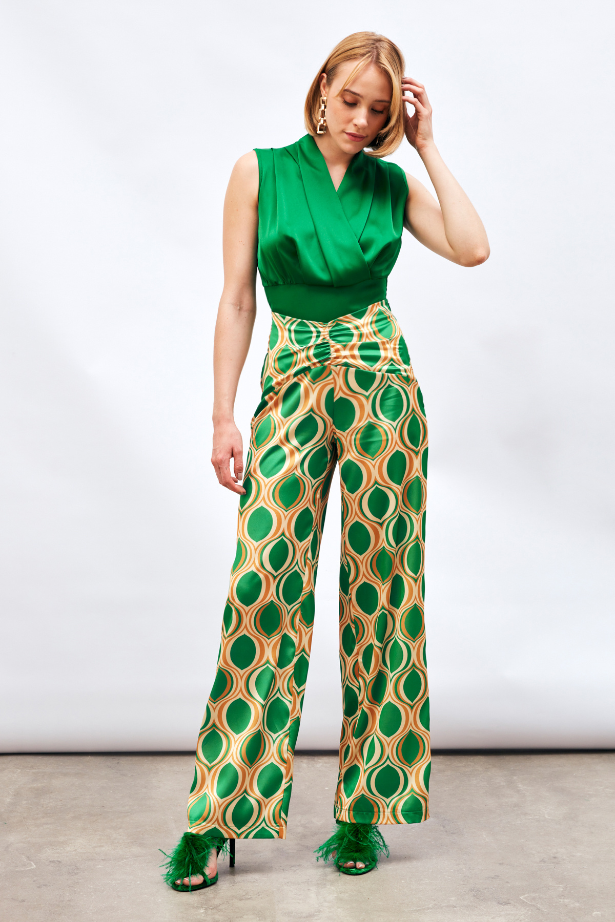 Kruvaze Kolsuz Saten Bluz - YEŞİL