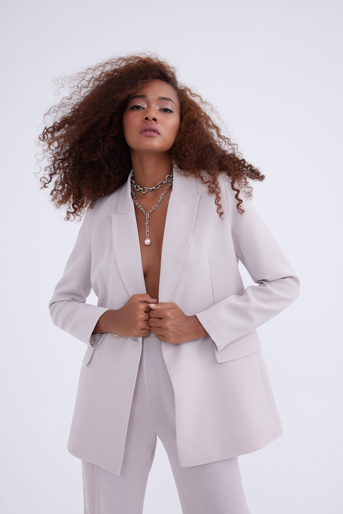 double-breasted crepe blazer jacket - STONE