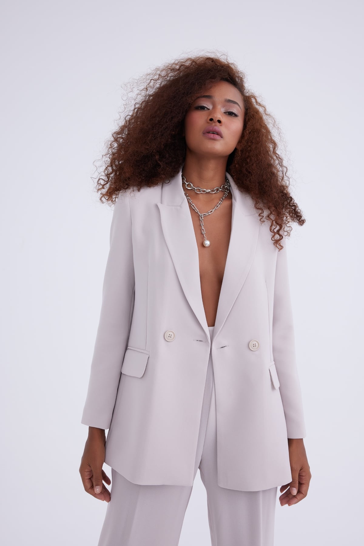 double-breasted crepe blazer jacket - STONE