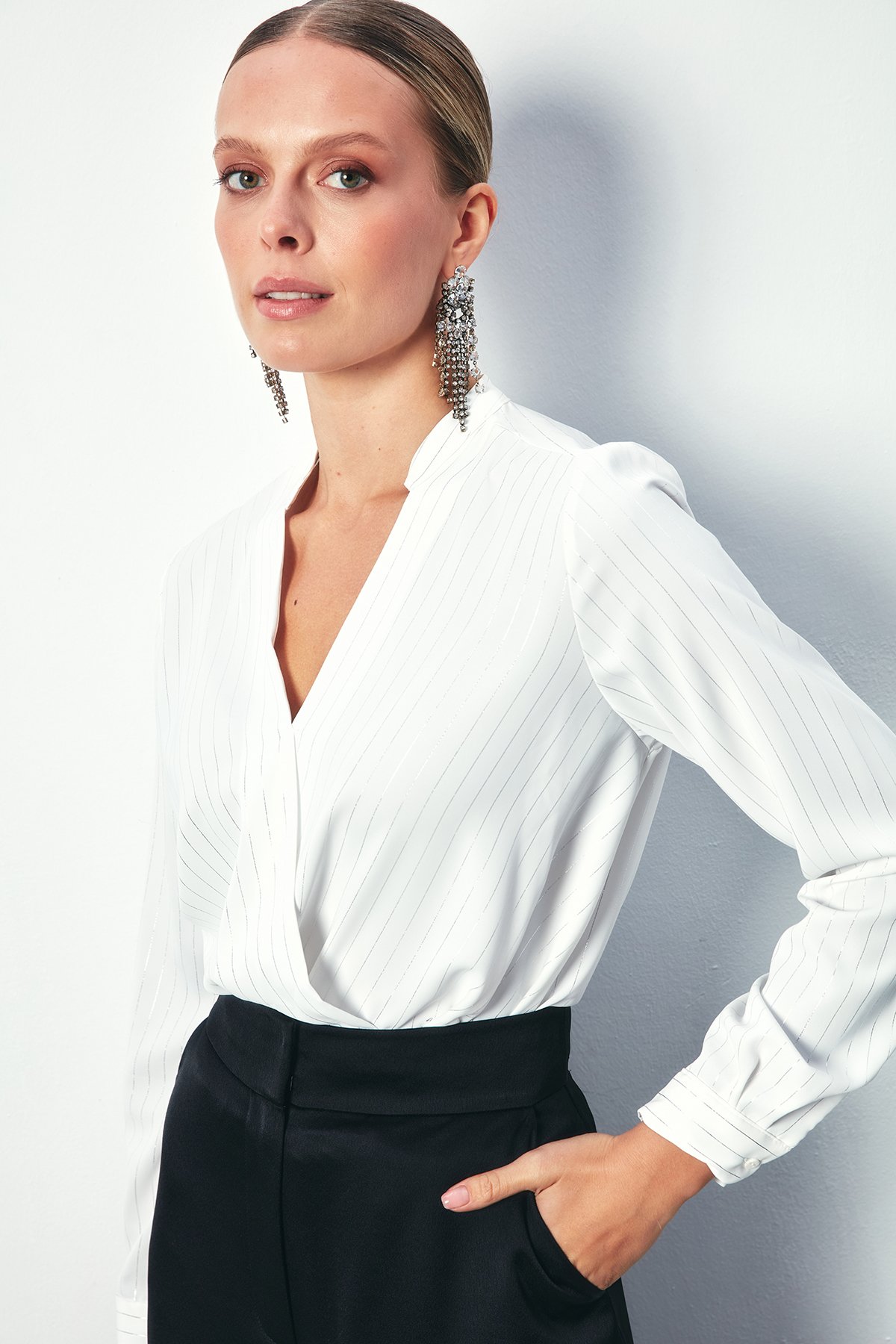 Double Breasted Shiny Striped Blouse - ECRU