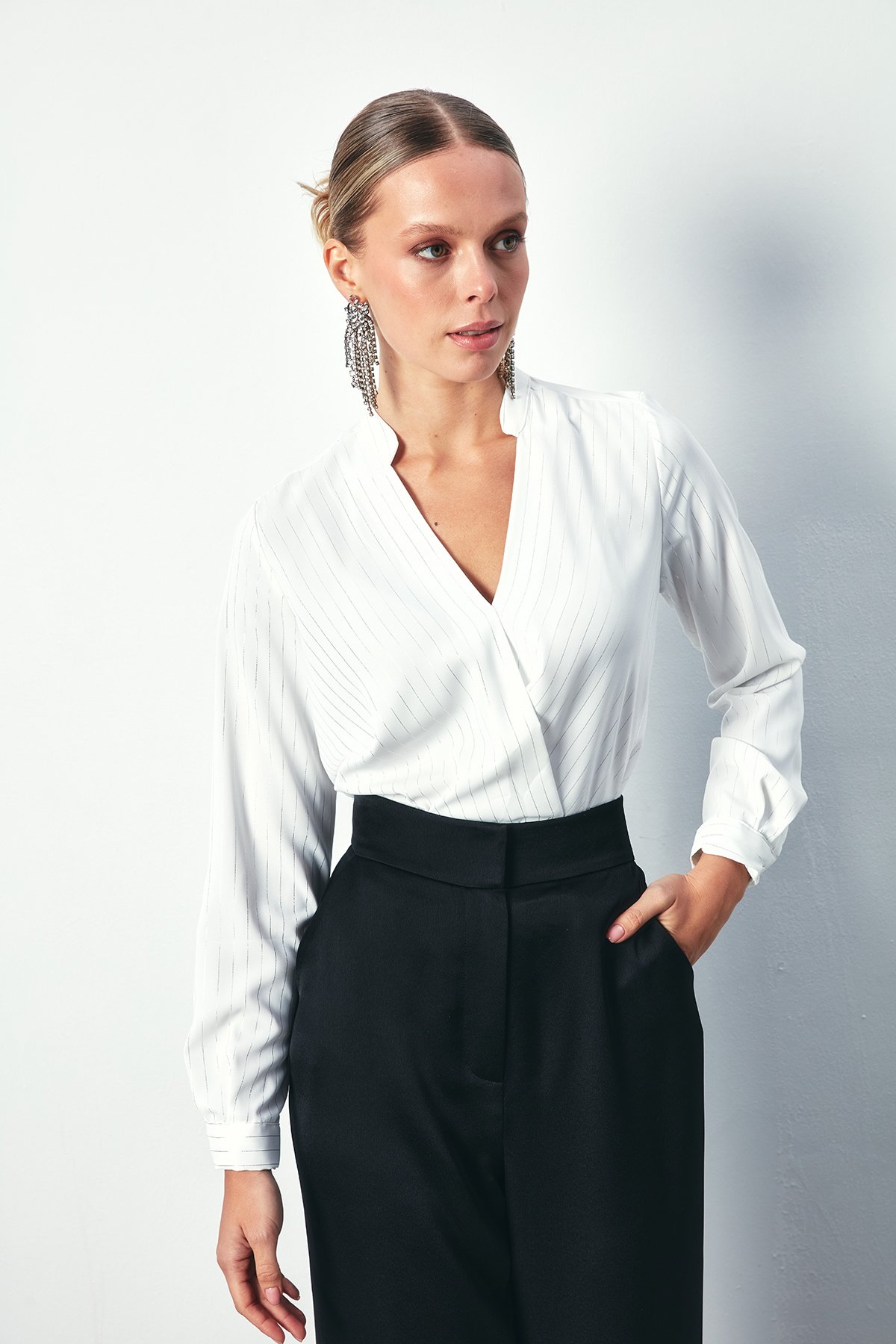 Double Breasted Shiny Striped Blouse - ECRU