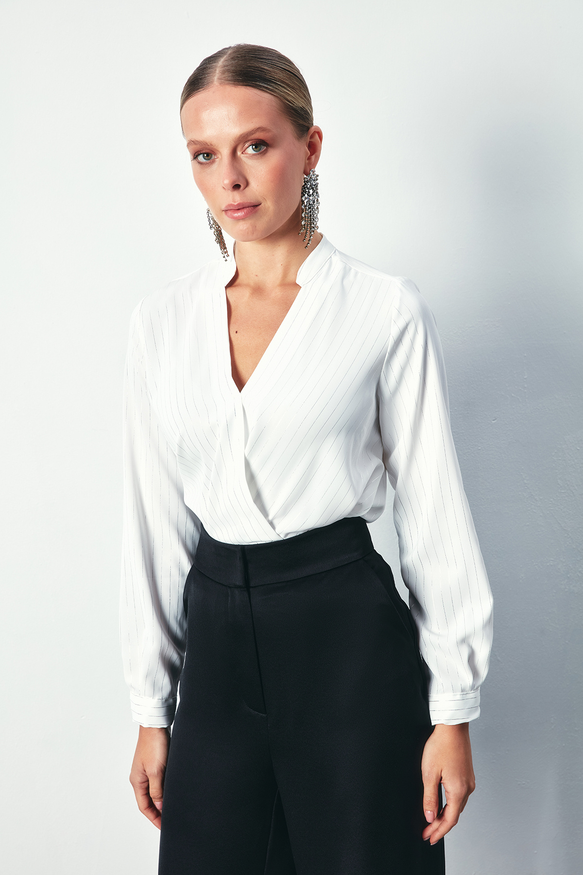 Double Breasted Shiny Striped Blouse - ECRU