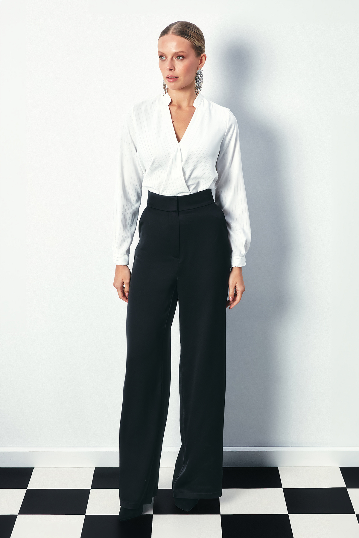 Double Breasted Shiny Striped Blouse - ECRU