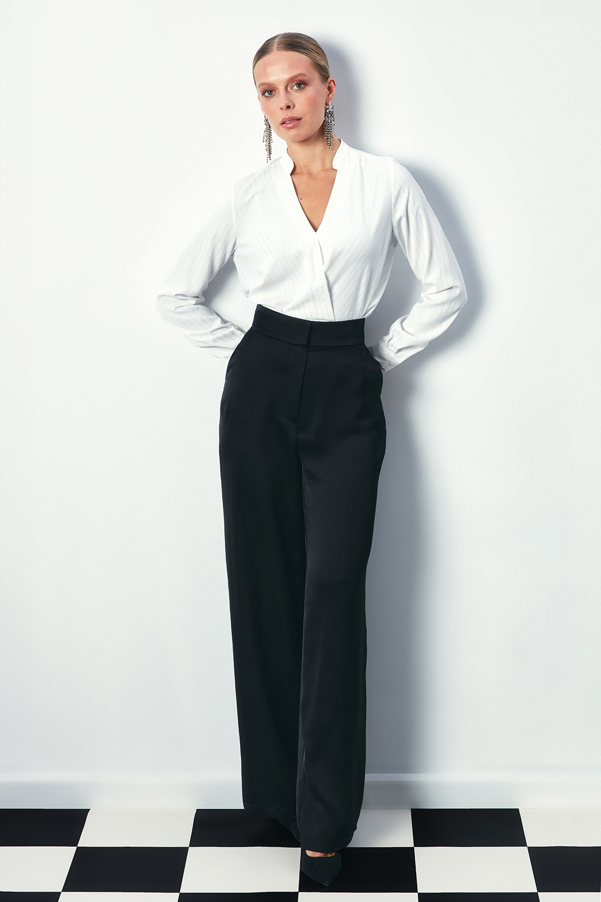 Double Breasted Shiny Striped Blouse - ECRU