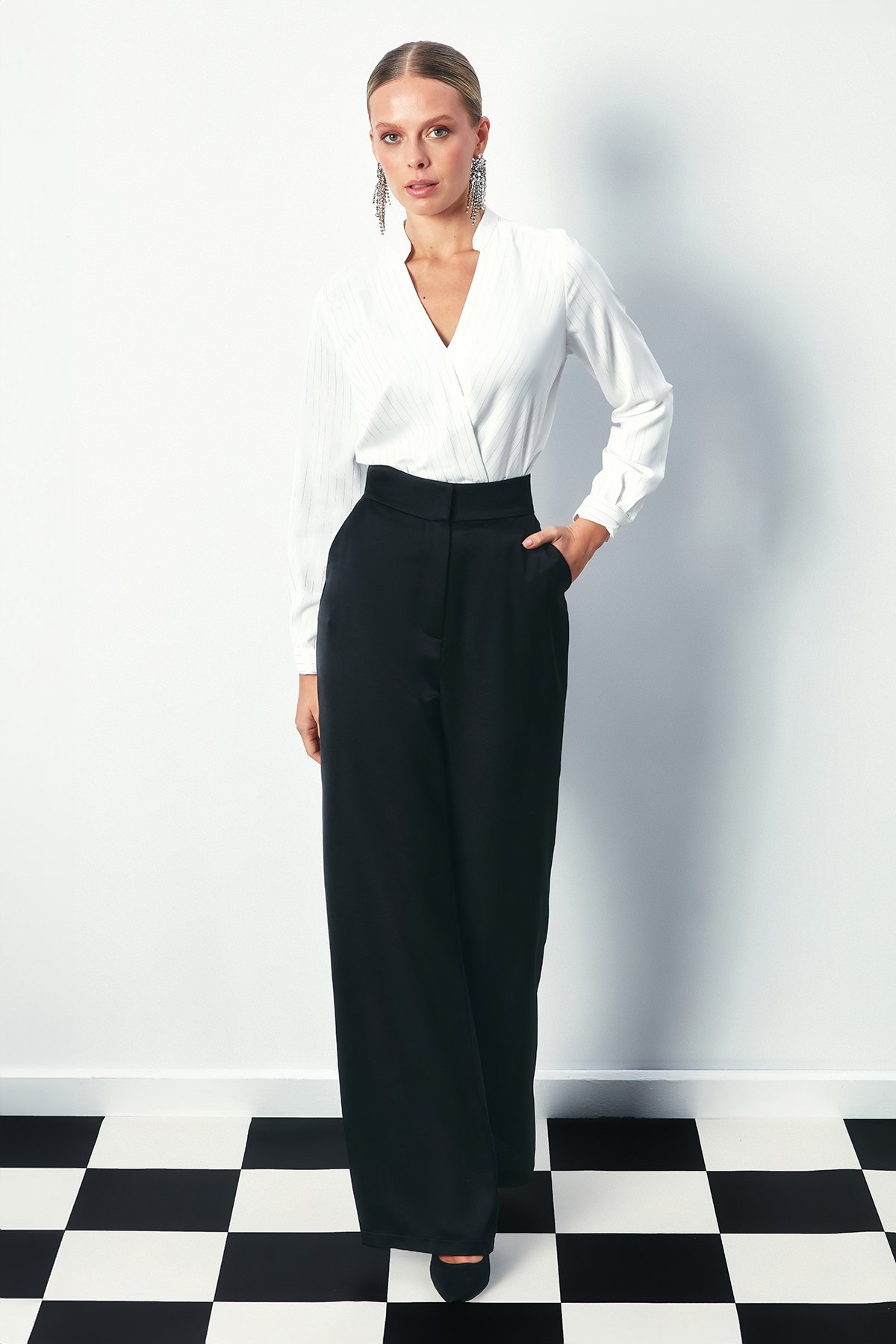 Double Breasted Shiny Striped Blouse - ECRU