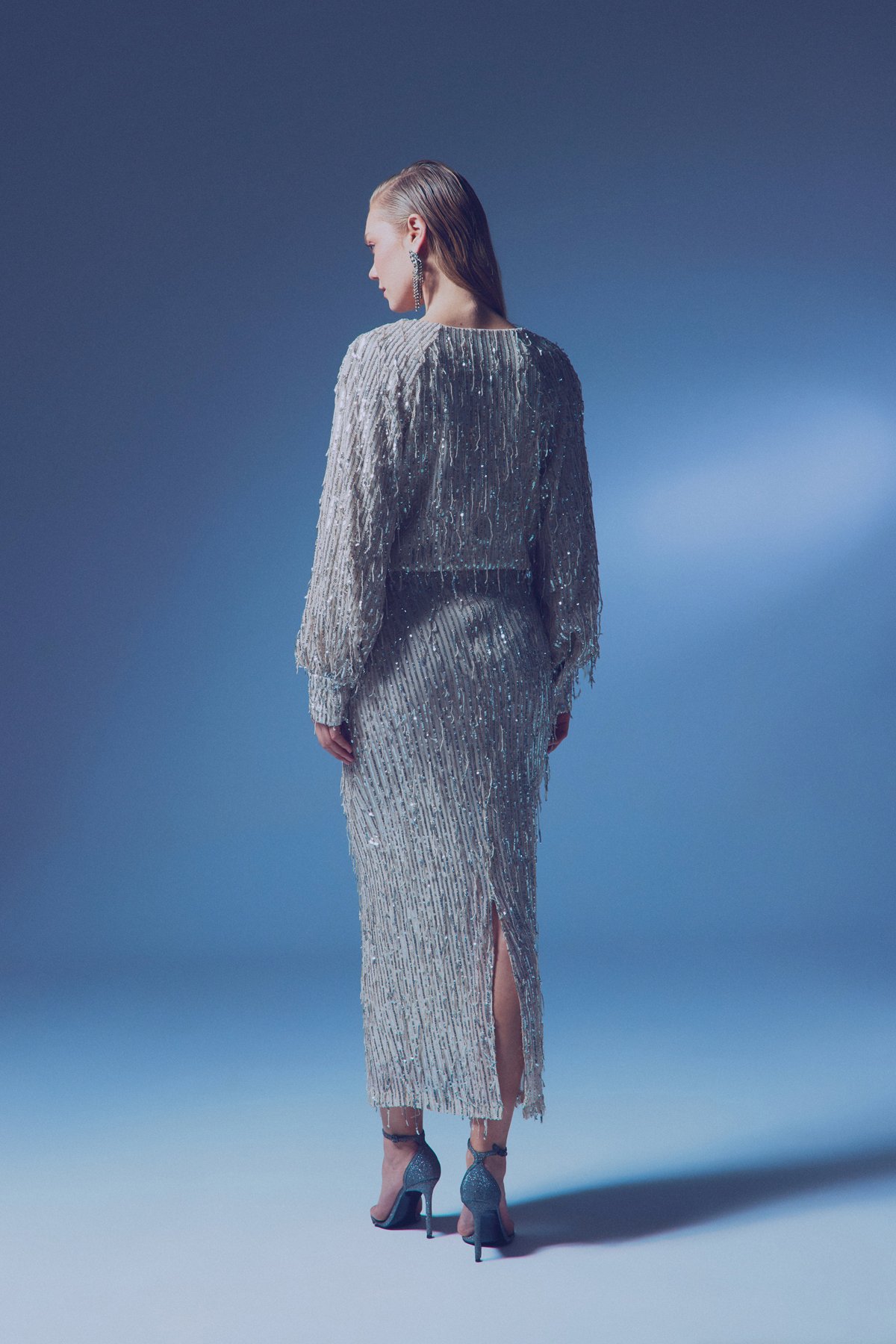 Kruvaze Payetli Bodysuit Bluz - BEJ