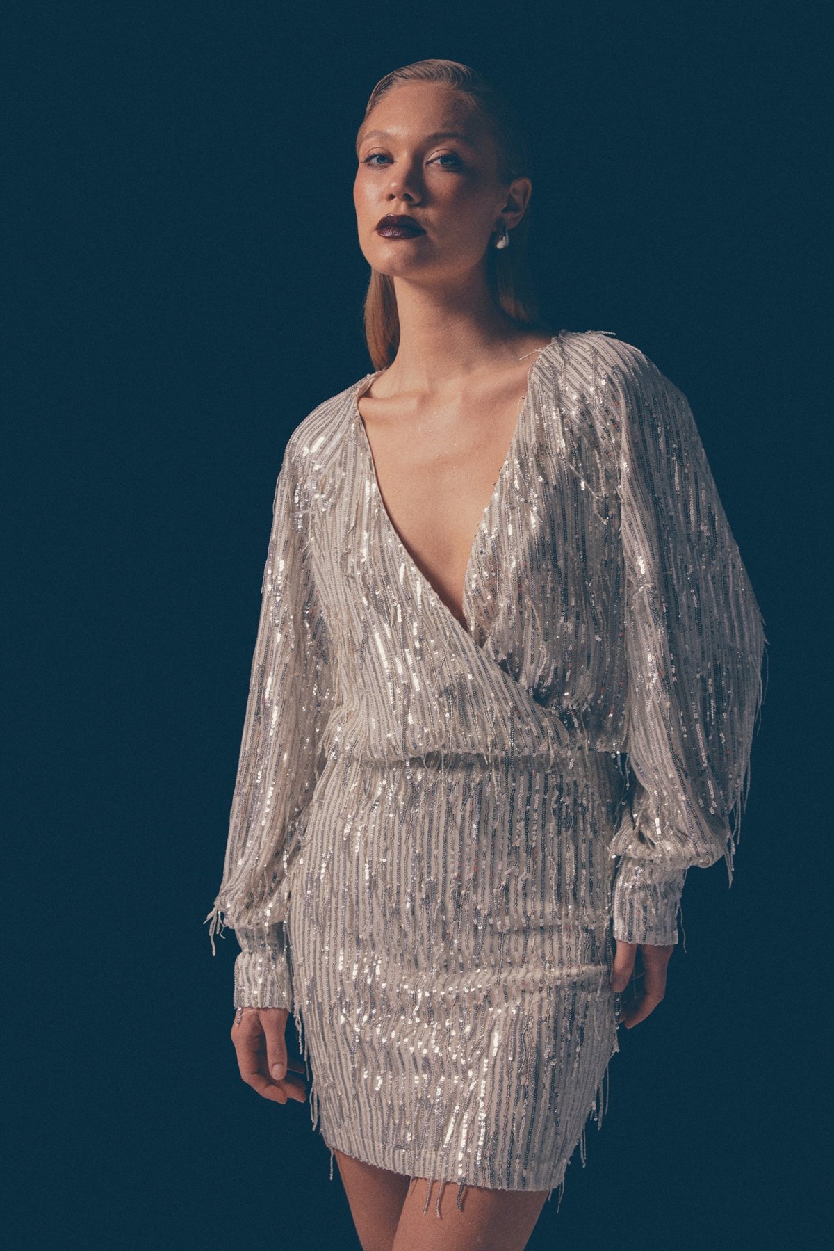 Kruvaze Payetli Bodysuit Bluz - GÜMÜŞ