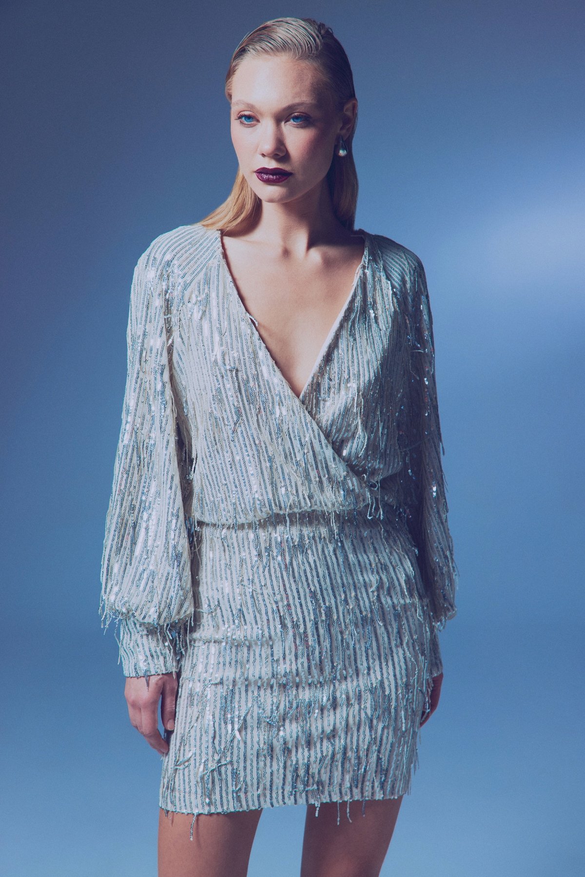 Kruvaze Payetli Bodysuit Bluz - GÜMÜŞ