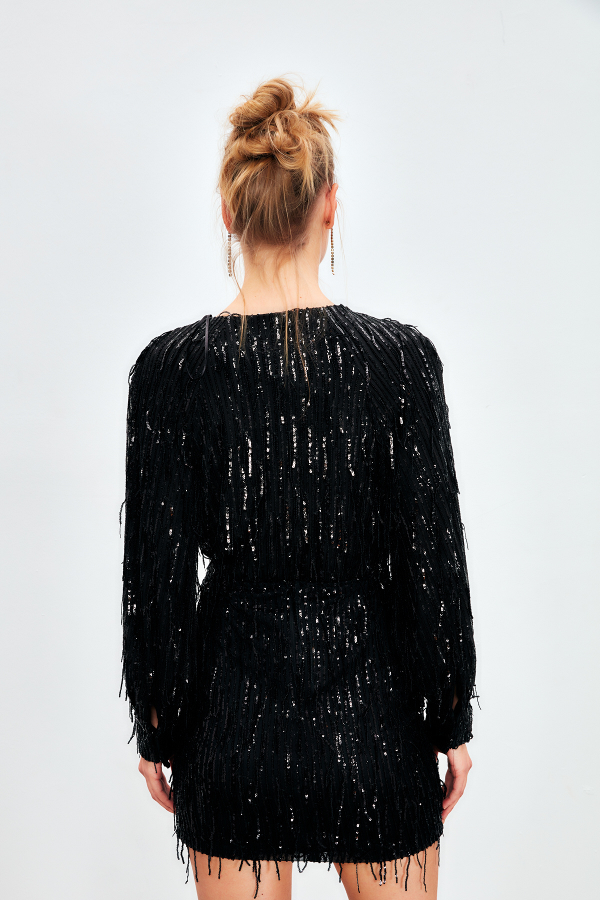 Kruvaze Payetli Bodysuit Bluz - SİYAH