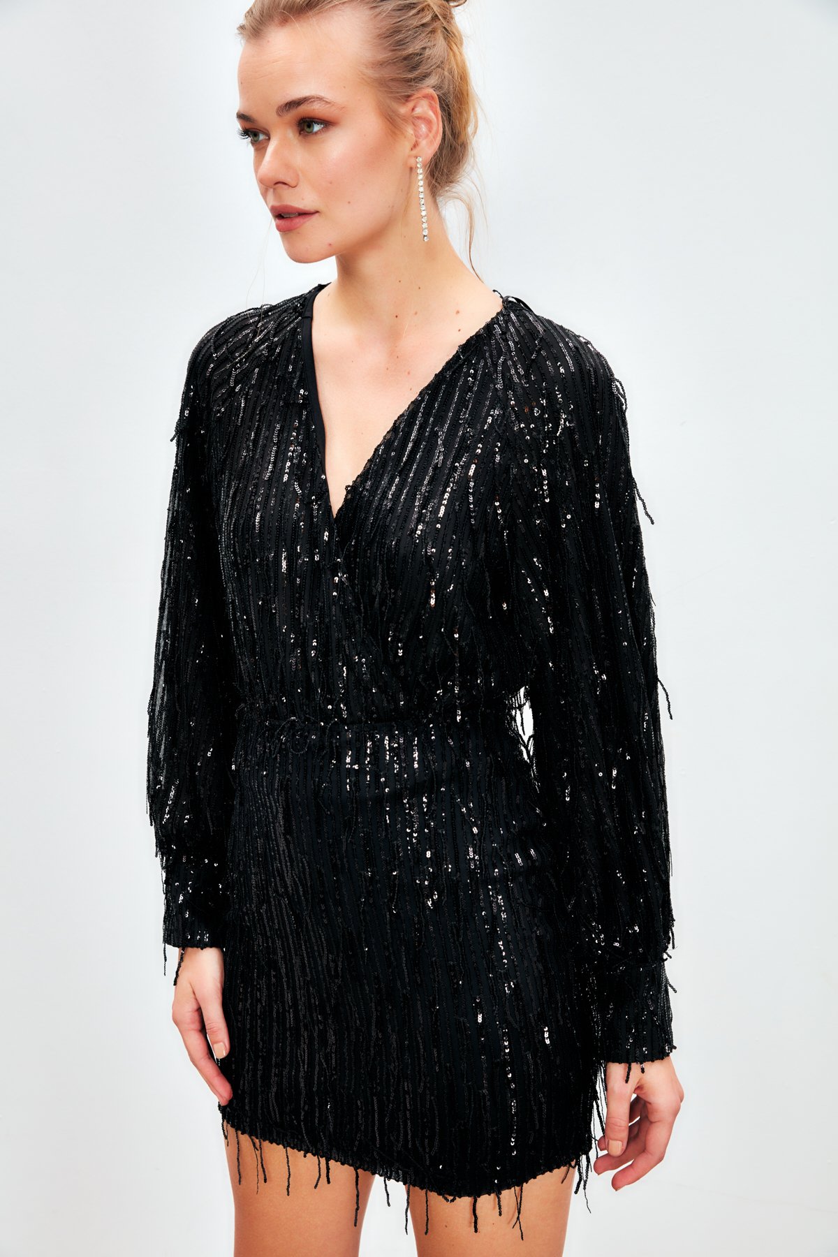 Kruvaze Payetli Bodysuit Bluz - SİYAH