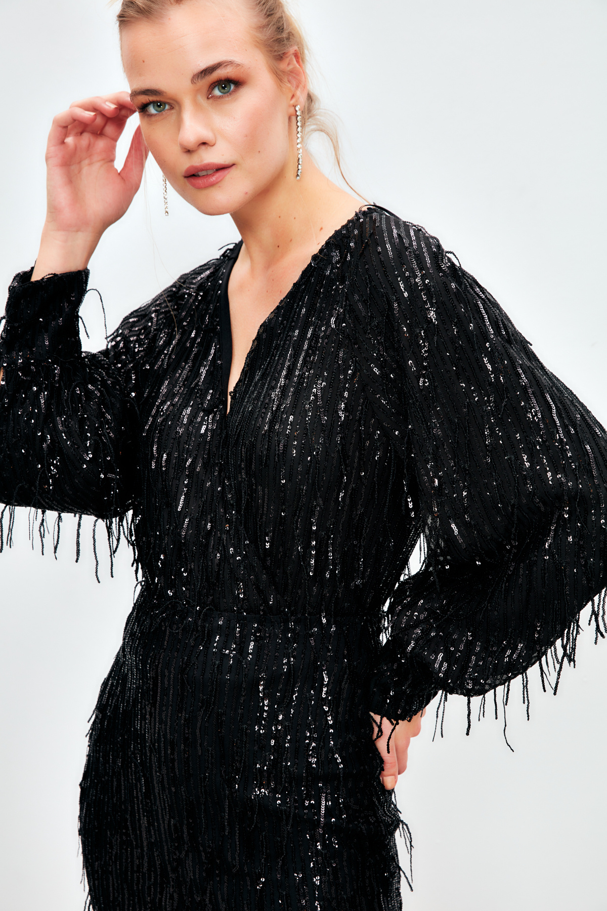 Kruvaze Payetli Bodysuit Bluz - SİYAH