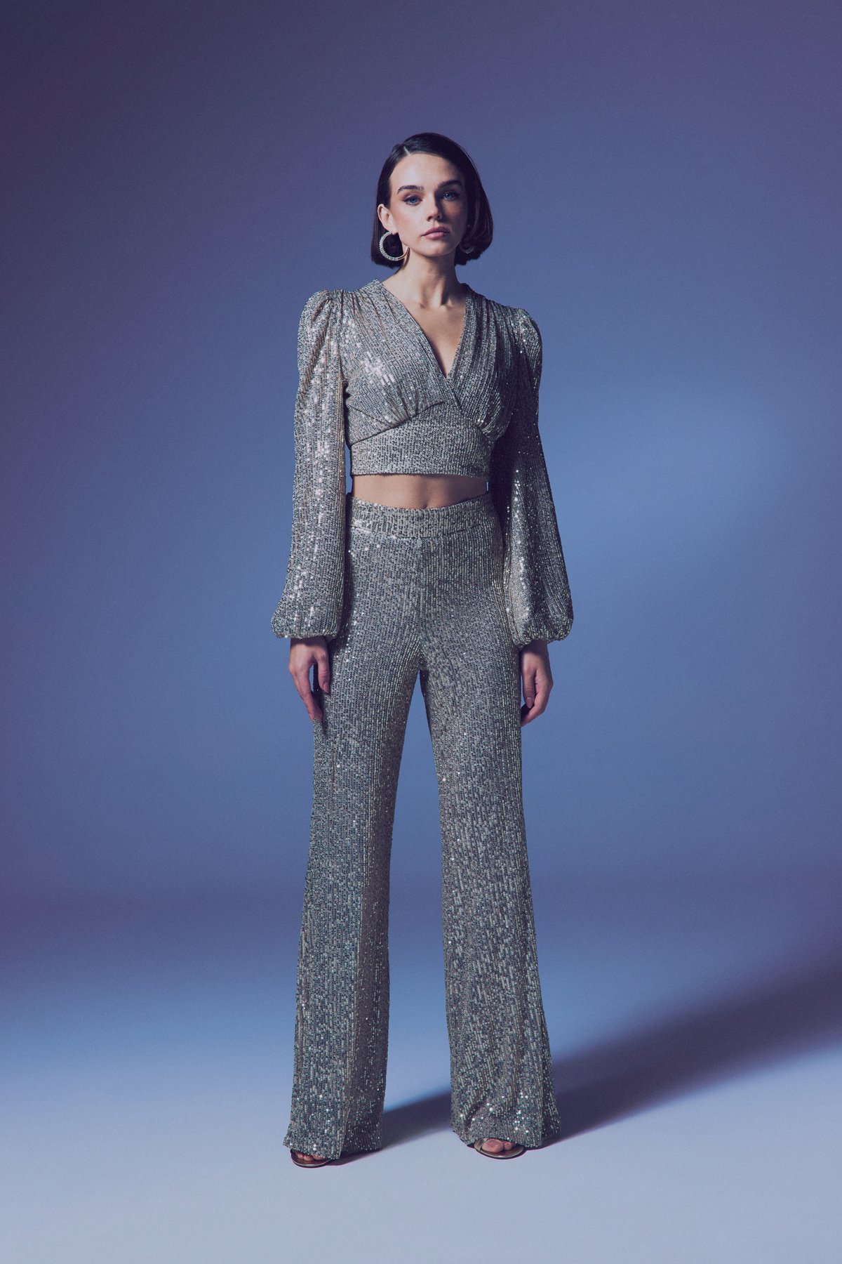 Kruvaze Payetli Crop Bluz - Bej