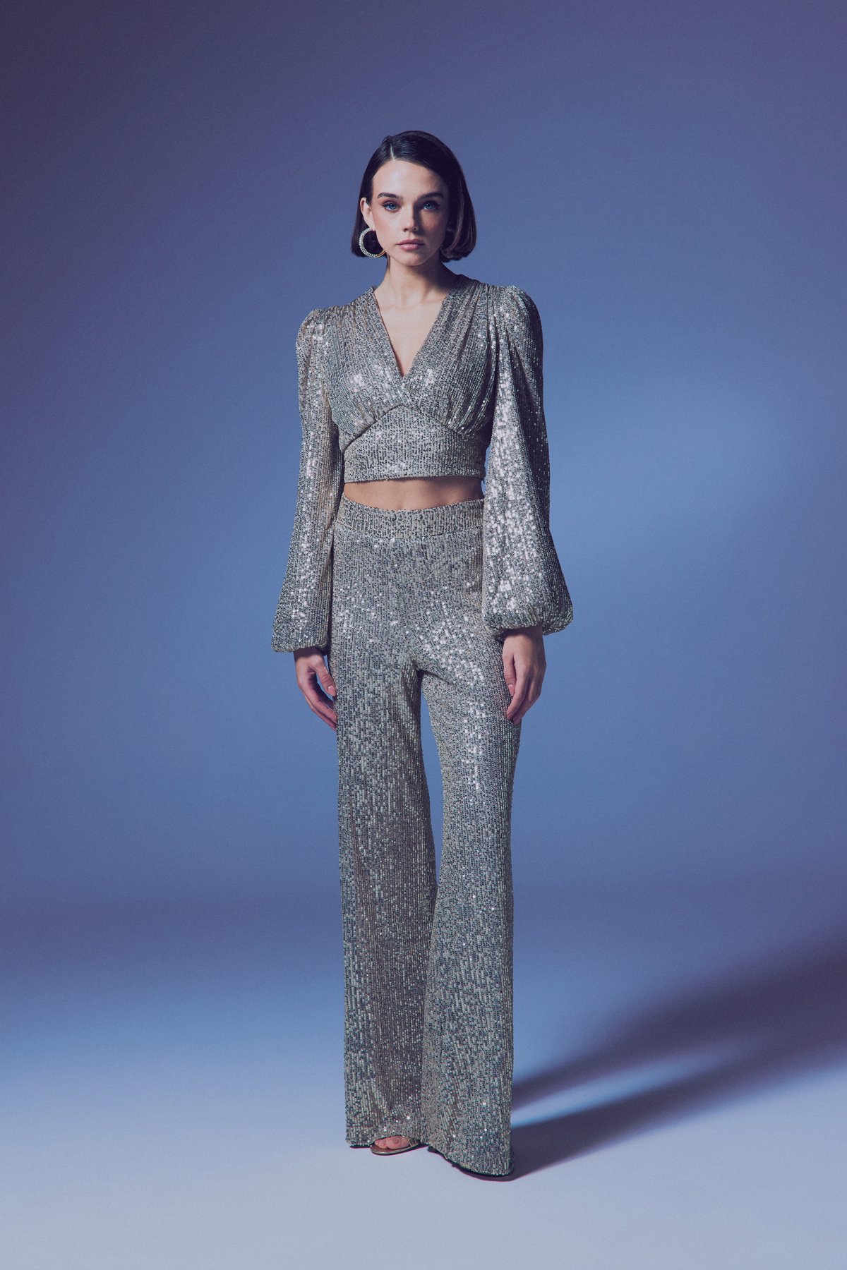 Kruvaze Payetli Crop Bluz - Bej