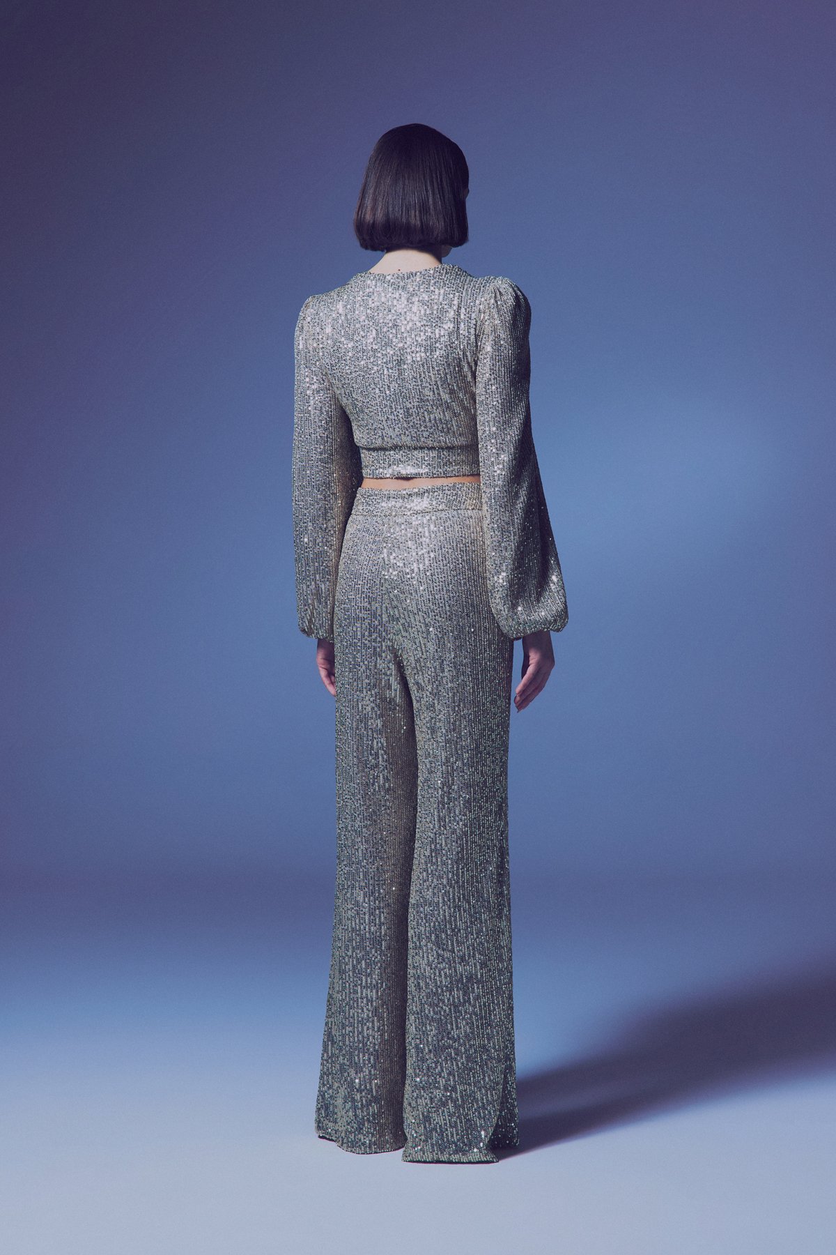 Kruvaze Payetli Crop Bluz - Bej