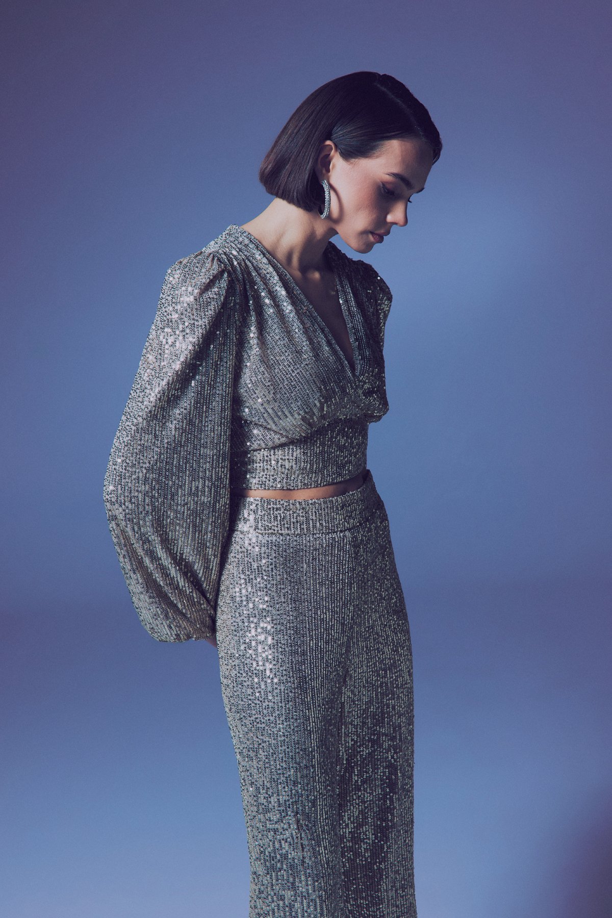 Kruvaze Payetli Crop Bluz - Bej