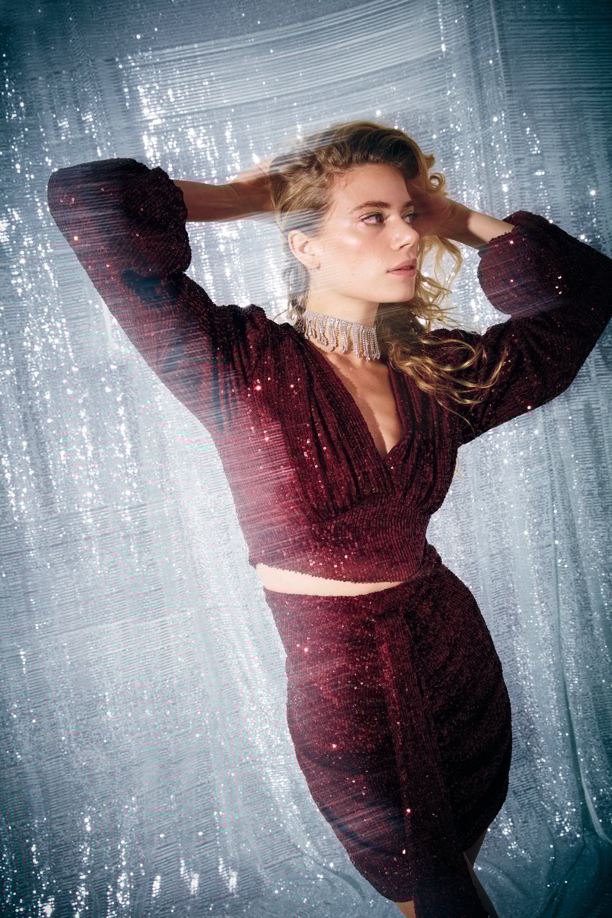 Kruvaze Payetli Crop Bluz - BORDO