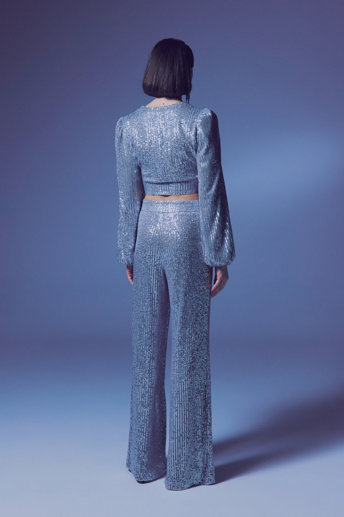 Double Breasted Sequined Crop Blouse - Sılver