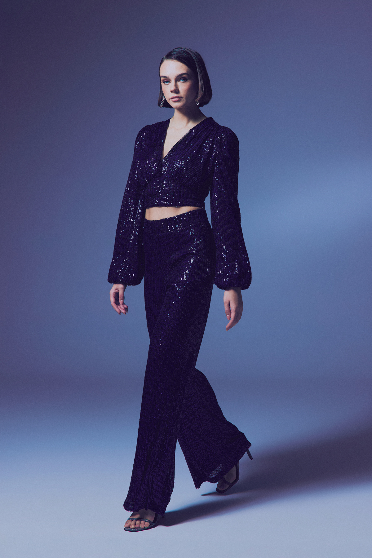 Kruvaze Payetli Crop Bluz - Lacivert