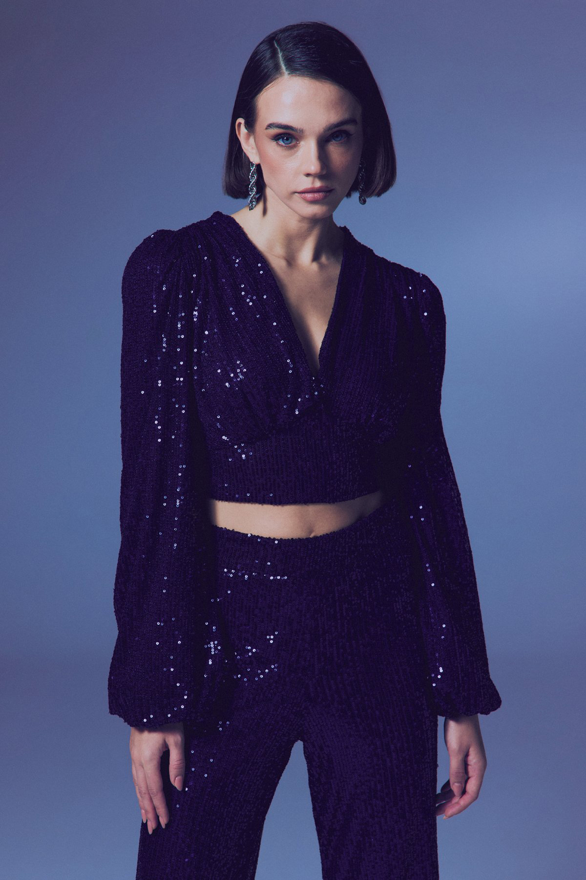 Kruvaze Payetli Crop Bluz - Lacivert