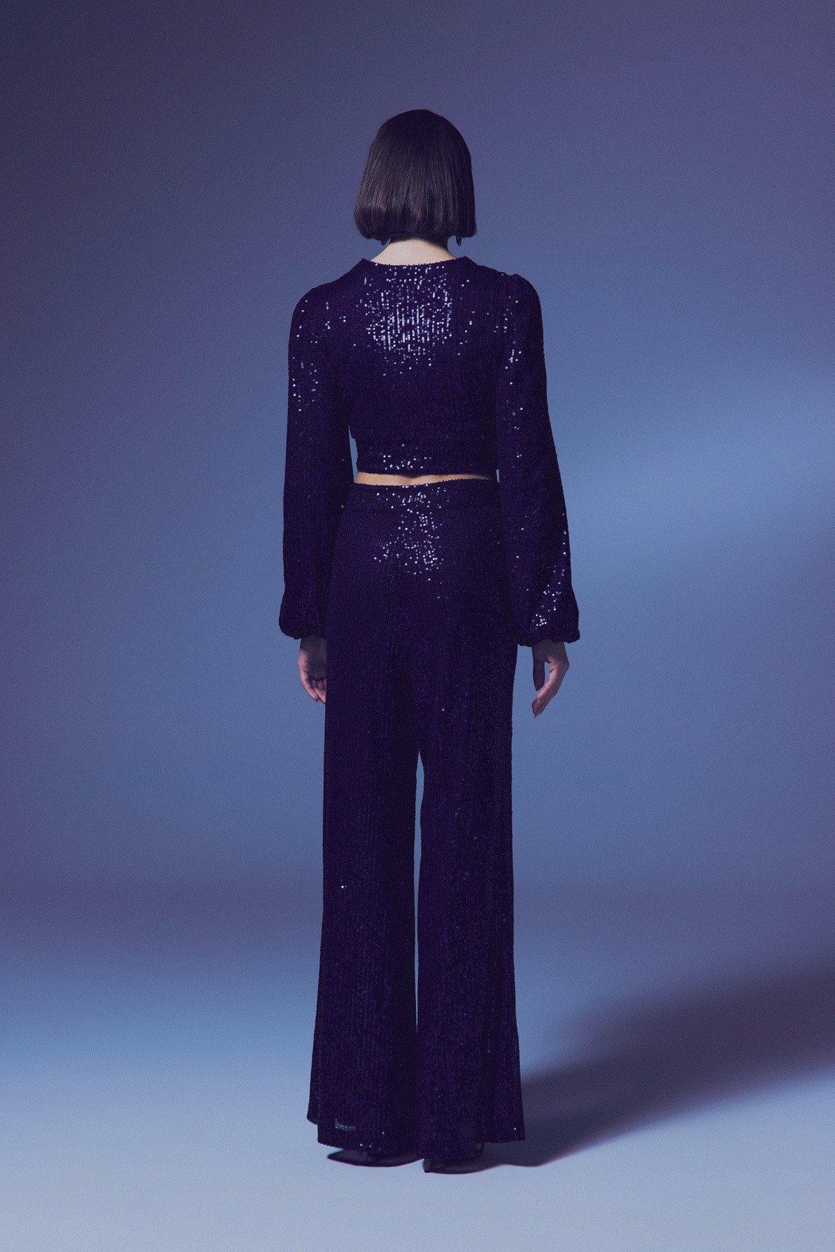 Kruvaze Payetli Crop Bluz - Lacivert