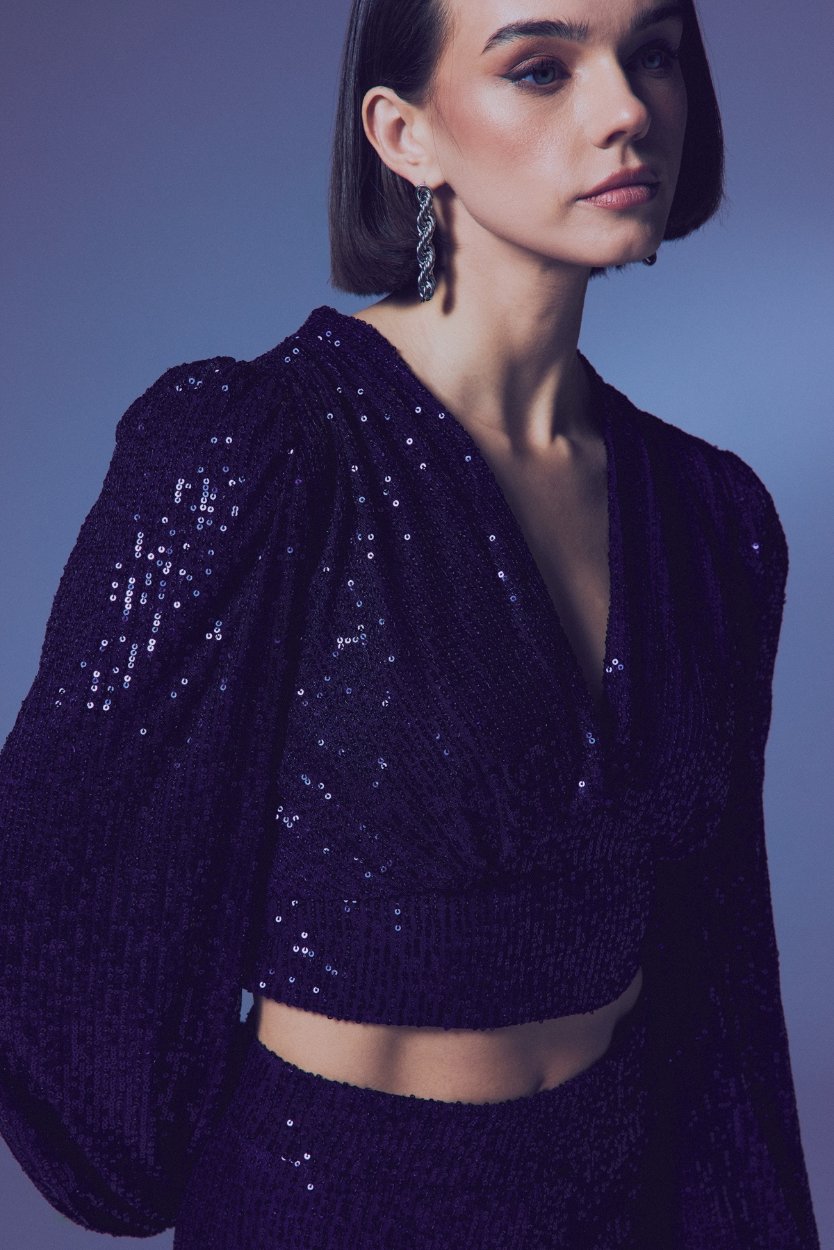 Kruvaze Payetli Crop Bluz - Lacivert