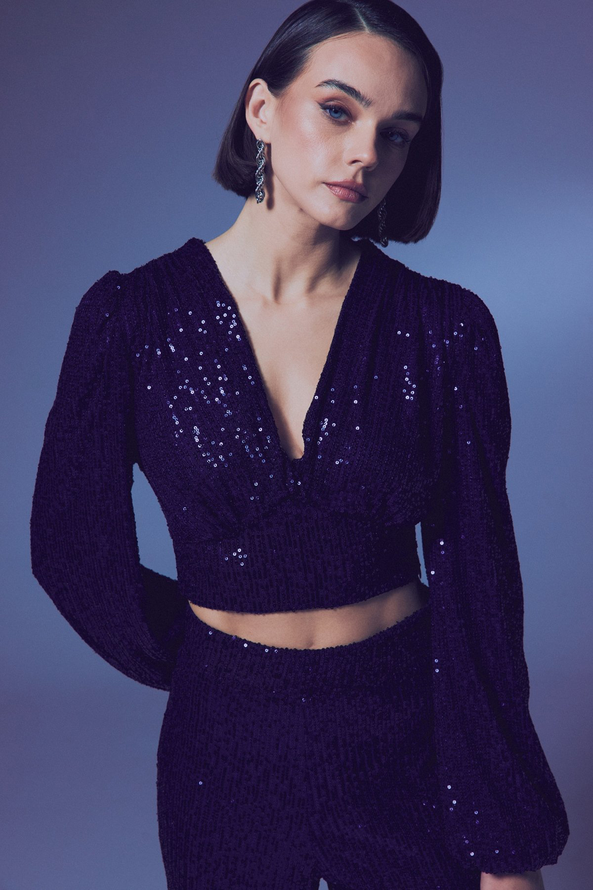 Kruvaze Payetli Crop Bluz - Lacivert