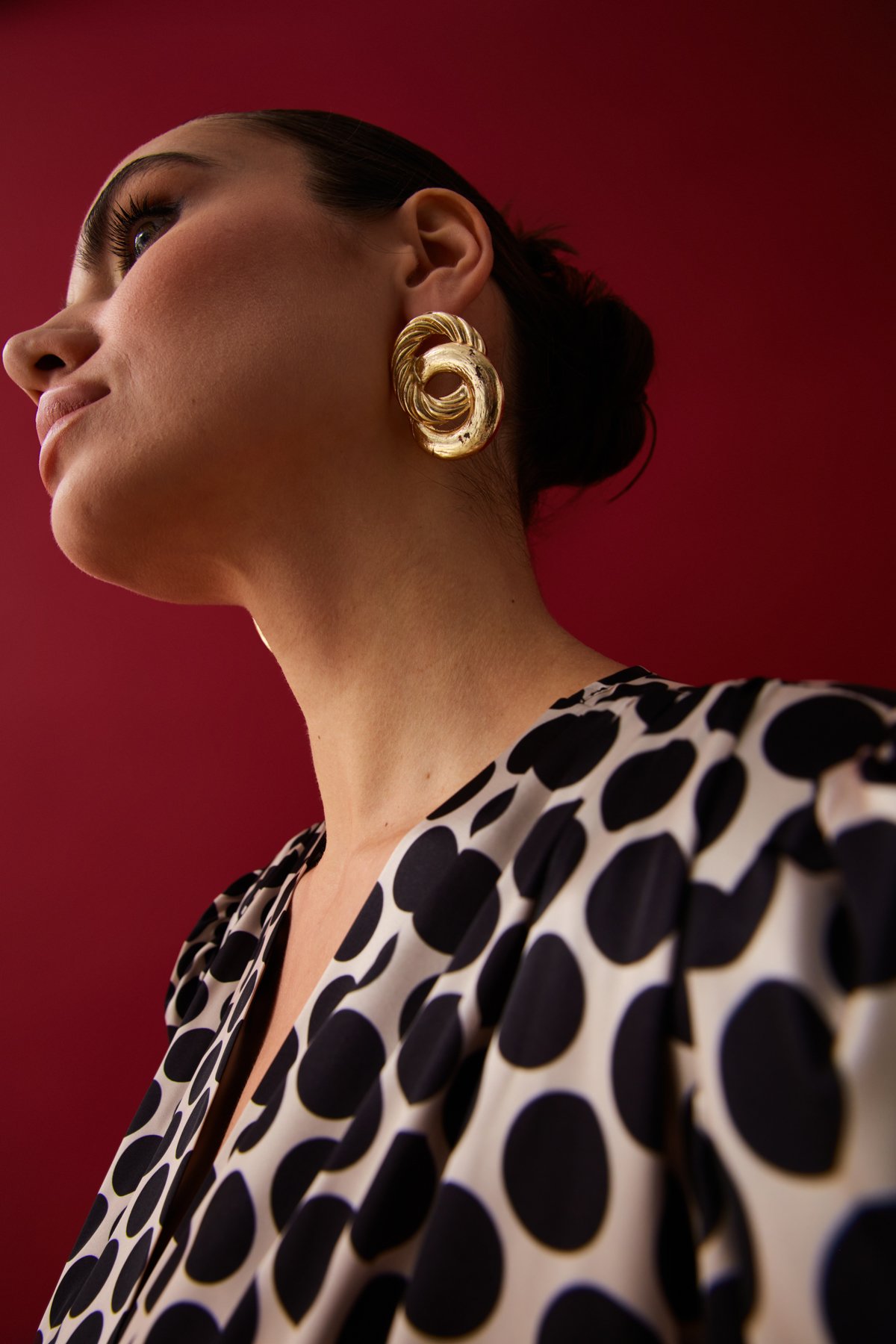 Kruvaze Puantiye Desenli Saten Bluz - SİYAH-BEJ