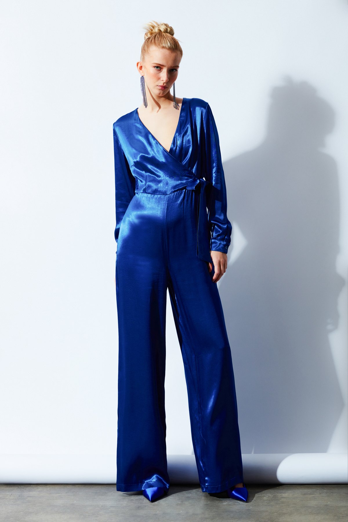 Kruvaze Salaş Saten Tulum - SAX MAVİ