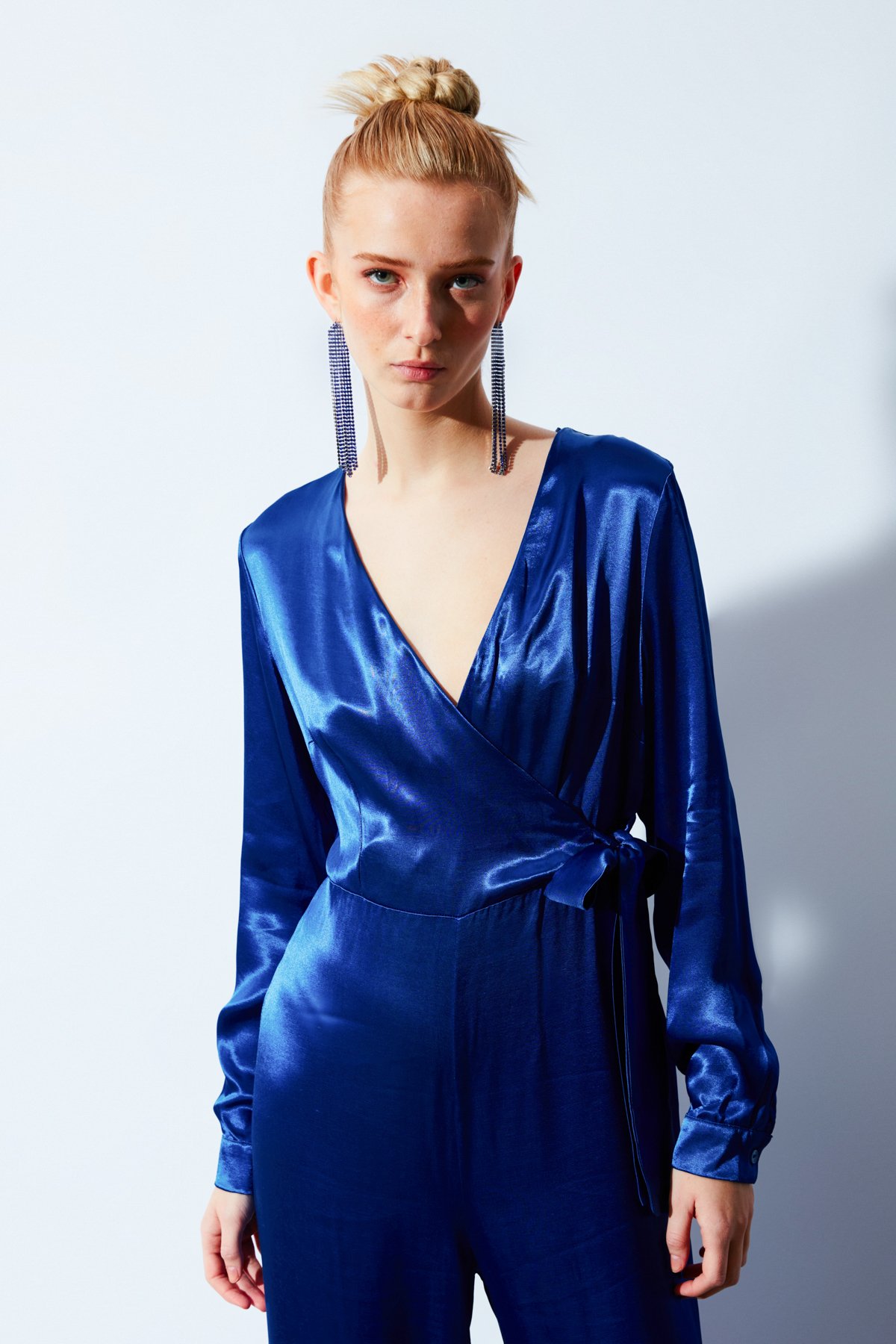 Kruvaze Salaş Saten Tulum - SAX MAVİ