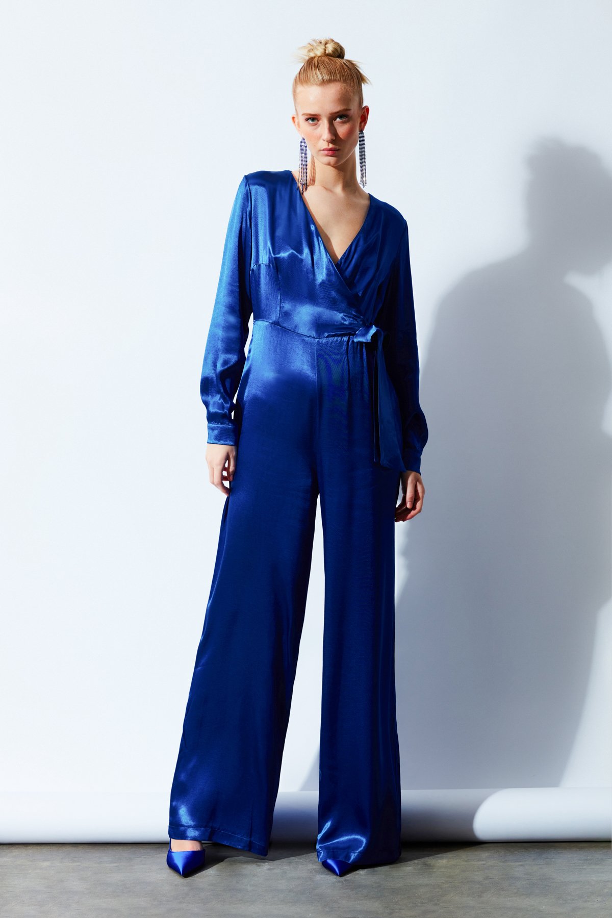 Kruvaze Salaş Saten Tulum - SAX MAVİ